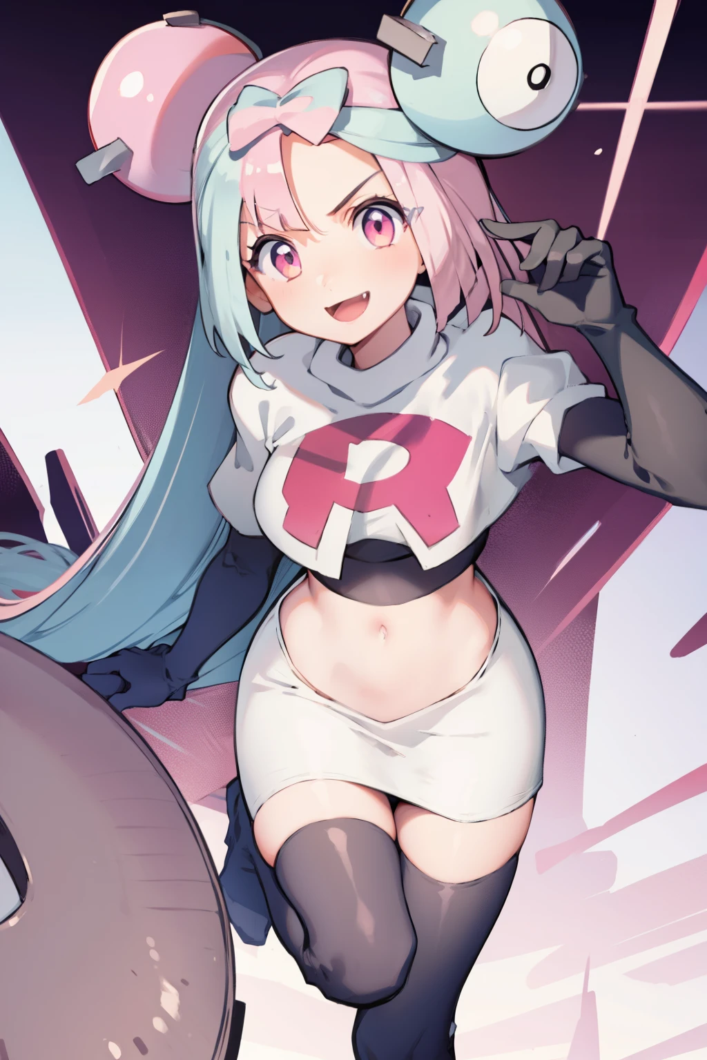 iono,1 girl,pink eyes,solo,smile,open mouth,fangs ,team rocket,team rocket uniform,white skirt,red letter R,crop top,black thigh-highs,black elbow gloves,