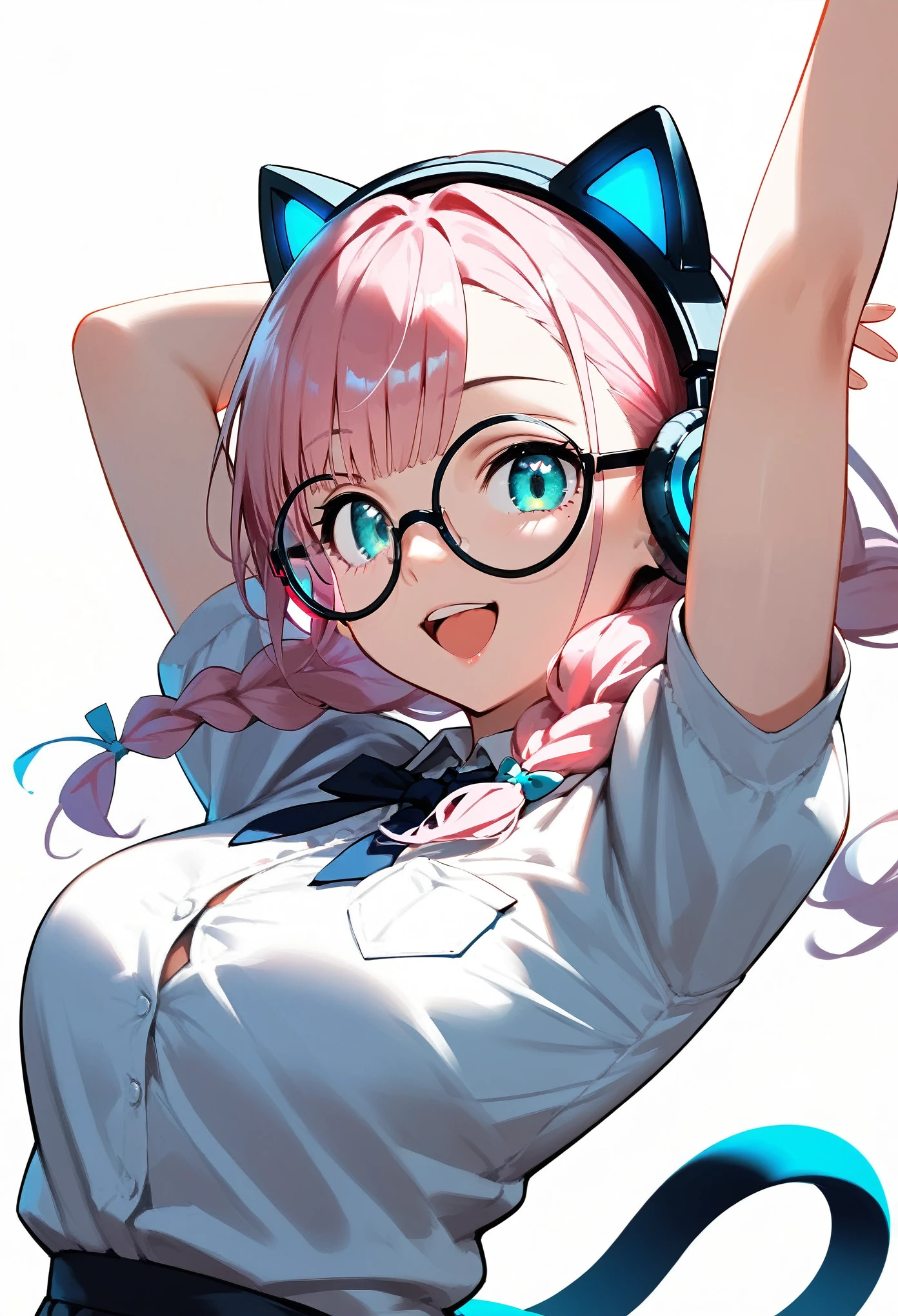  (best quality:1.2), (ultra-detailed:1.2), (2.5D:1.2), (Anime Moe Art Style), 1girl , pink hair,  Cyan eyes, gradient eyes, twin braids, blue Glowing cat ear headphones, black round glasses, secretary suit, smile beam,open mouth,  (arms raised in the air:1.5), dynamic pose, (white background:1.3)