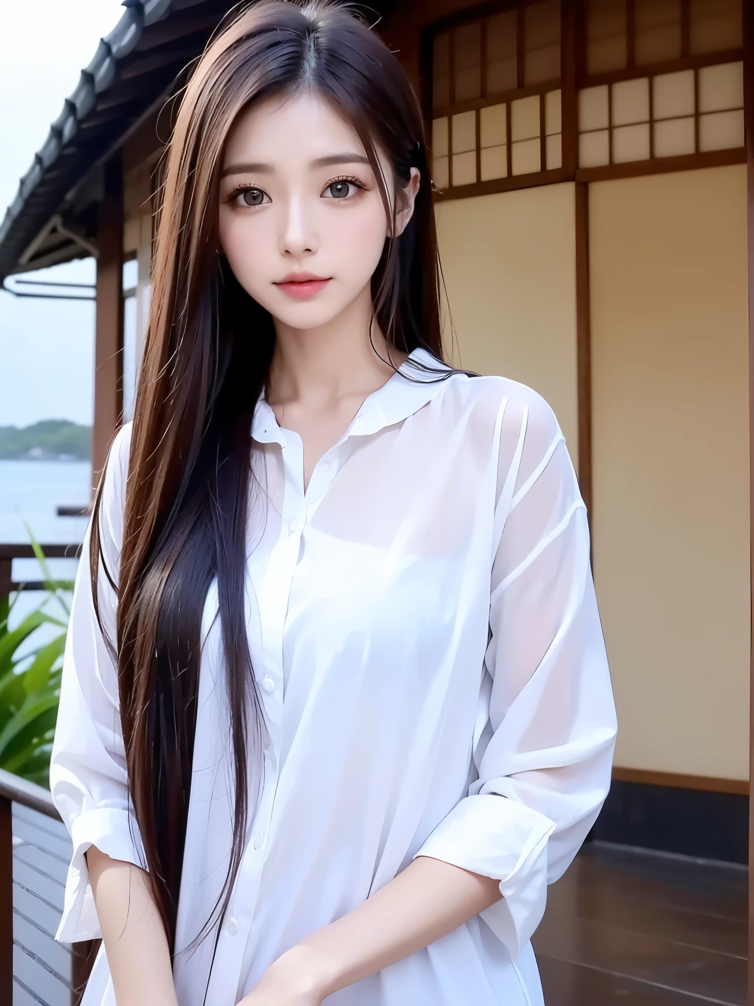 The beauty of Japan、Big Eyes、High nose、beautiful、Long Hair、Smooth Hair、325years old、Ocean、Get wet、Dress shirt、It&#39;s wet and your underwear is visible、Lower body in water、Emotional atmosphere、High resolution, masterpiece, Accurate, Textured skin, Very detaileded, , 高quality, quality, High resolutionモデル, detailed, Genuine、Genuineistic、8k、4K、3D Rendering, 8K Octane, Surrealism, smile, Heavy makeup, Long eyelashes, whole body、Wide Angle Shot, Long distance photography、beautifulな足、style、Waistline、Large Breasts、valley、