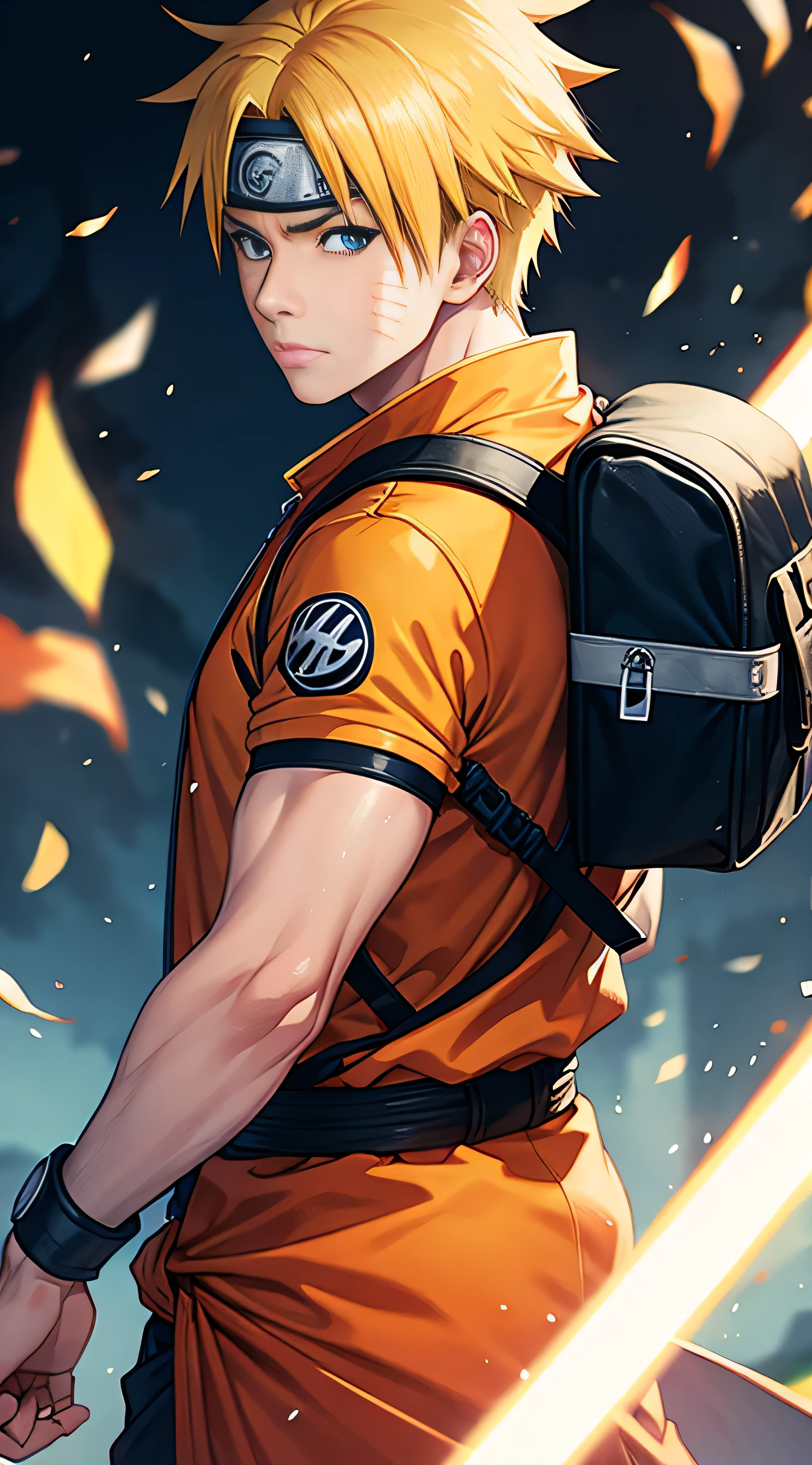 Best Quality, masterpiece, Ultra-high resolution, (realism: 1.4), Realistic photos, , Uzumaki Naruto is one of the main characters of Naruto。, He has bright blue eyes and blonde hair. He wears an orange robe with blue trim around the hem and cuffs., A string was tied around his waist, He is carrying a large light blue backpack on his back..