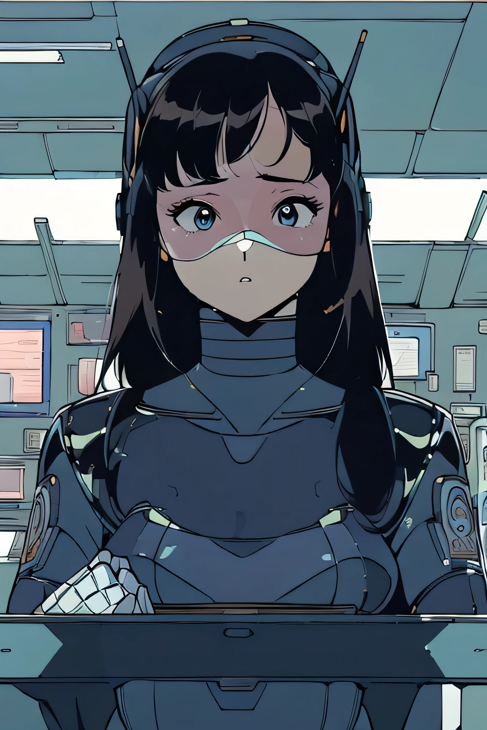 masterpiece, Best Quality, Extremely detailed, 8K portrait,Japaese android girl,Plump , control panels,Robot arms and legs, Blunt bangs,perfect robot girl,a bit chubby,white gloves,chest monitor,blue eyes,Charging spot,She is exhibits,exibition hall,promo girl,office-lady