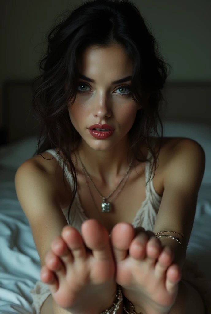 Imagine a beautiful young adult European woman with long light black hair, green eyes, in a sexy maid outfit, with devil wings, realistic and high quality image, with a mole near the lip, detailed and beautiful face., with a defined and well-detailed body, In heels, inside a cardboard box with polystyrene, raising the legs, flirtatious look, free and blushing, beautiful detailed and realistic feet, seductive pose, with a gift bow on her head, head on, grabbing her breasts
