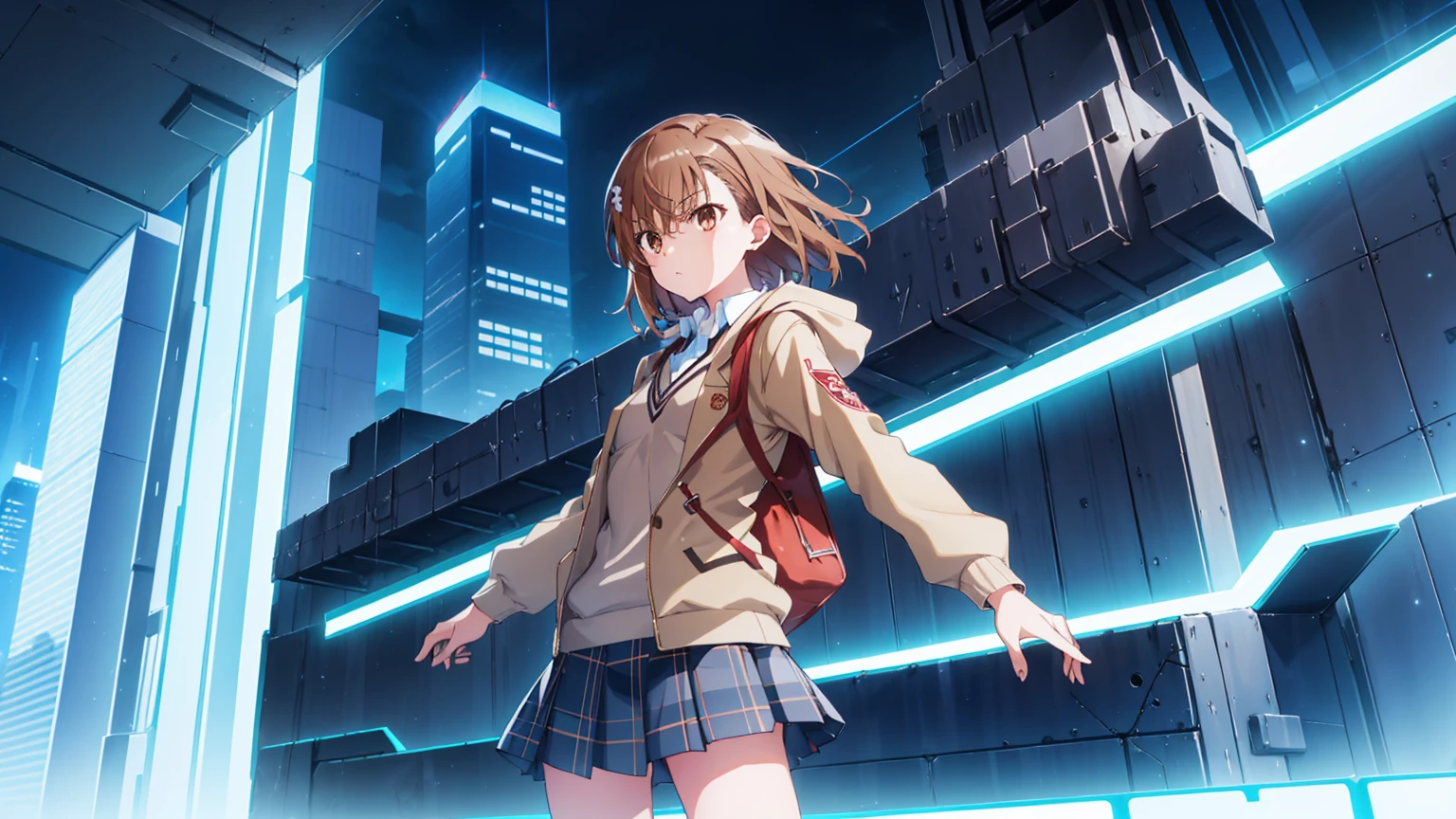 looking at viewer, 1 girl, Solo, misaka mikoto, Best quality, brown hair, brown eyes, perfect hair, detailed eyes, , small breasts, flat chest, big thighs, simple red bow on the neck, simple khaki jacket, simple jacket, buttoned jacket, jacket , pure khaki color jacket, White shirt, blue plaid skirt with criss-cross lines in black and tan, pleated skirt with black pleats and school style, Skyscrapers, Electric, Lightning, Futuristic, Technological, Power, Magnetic, High-tech, Railgun, Energy, Electromaster, Vibrant, Energetic, Dynamic, Action-packed, Thrilling, Rooftop, Power lines, Sparkling, Electrical arcs, Adventure, Streetlights, Charging, Pulsating, Pulse beams, Striking, Blue hues, Fast-paced, Skyline, Energy bolts, Neon lights, Urban sprawl, Overpass, Techno-wizardry, Unforgettable, electric powers, electric power around the girl, blue electricity, electric aura 40 11 2skip Yaki dofu