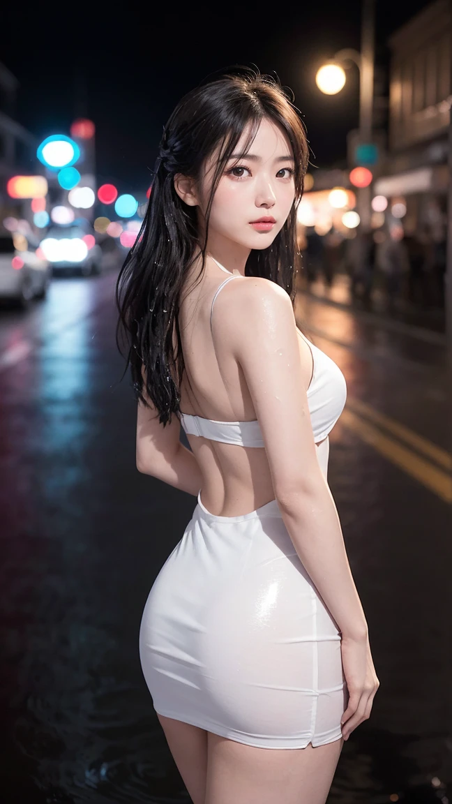 1人of女of子,alone,Long Hair,Rough skin,From the back,Face Focus,(View your viewers:1.2),Wet Hair,dark,Polaroid,(depth_of_Field:1.5),雨of日,Outdoor,street,目of間of毛,Moody lighting,Tyndall effect,Cinema Lighting,night,lamp post,Lens flare,Available Light,Rim Light,Shining neon lights,Curvy,赤いシルクofドレス,韓国of女of子,