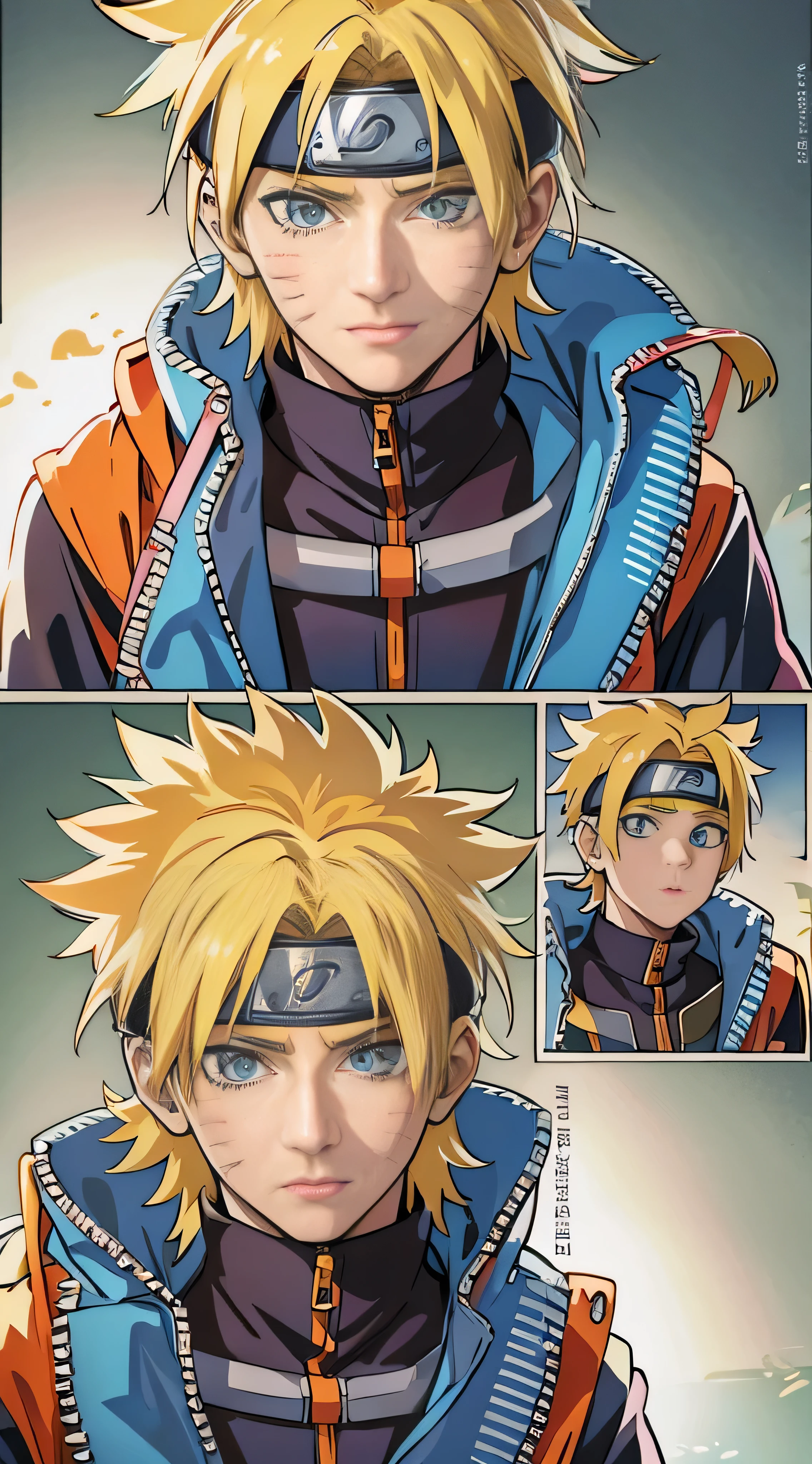 Best Quality, masterpiece, Ultra-high resolution, (realism: 1.4), Realistic photos, , Uzumaki Naruto is one of the main characters of Naruto。, He has bright blue eyes and blonde hair. He wears an orange robe with blue trim around the hem and cuffs., A string was tied around his waist, He is carrying a large light blue backpack on his back..