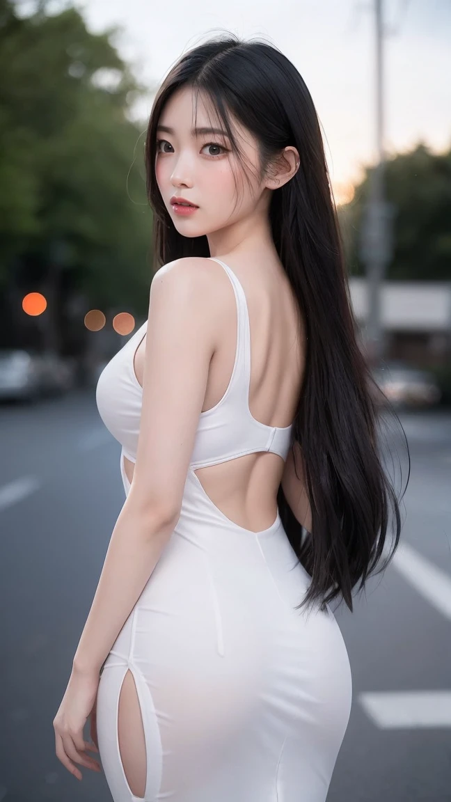 A realistic portrayal of an Asian woman, aged 22-26, with long, flowing black hair cascading down her back and captivating blue eyes hidden behind sunglasses. She dons a white gauze dress that reveals her generous shoulders, large breasts, and lower body, giving an alluring yet ethereal appearance. With a self-absorbed expression gracing her face, she is bathed in the soft, golden hour sunlight that illuminates every curve and line of her body. The background shows the vibrant energy of a Thai commercial district, with its bustling streets and dynamic commercial establishments, adding depth and life to the scene. This high-resolution image is captured