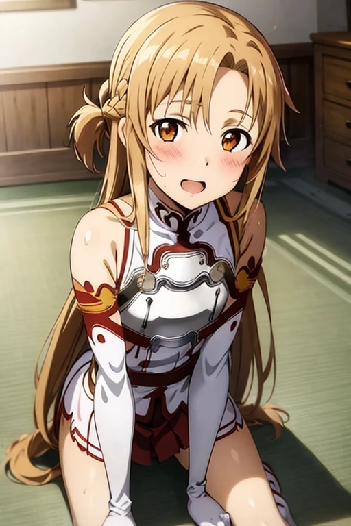 ((Best Quality)), ((masterpiece)), (be familiar with), Perfect Face, indoor, bedroom, Watching the audience,
One woman, Yuuki Asuna,
Open Mouth, Ecstatic expression, blush, smile,
Small breasts, Flat Chest, , , child, Girl,
Long Hair, Long Hair,
Leg spread,