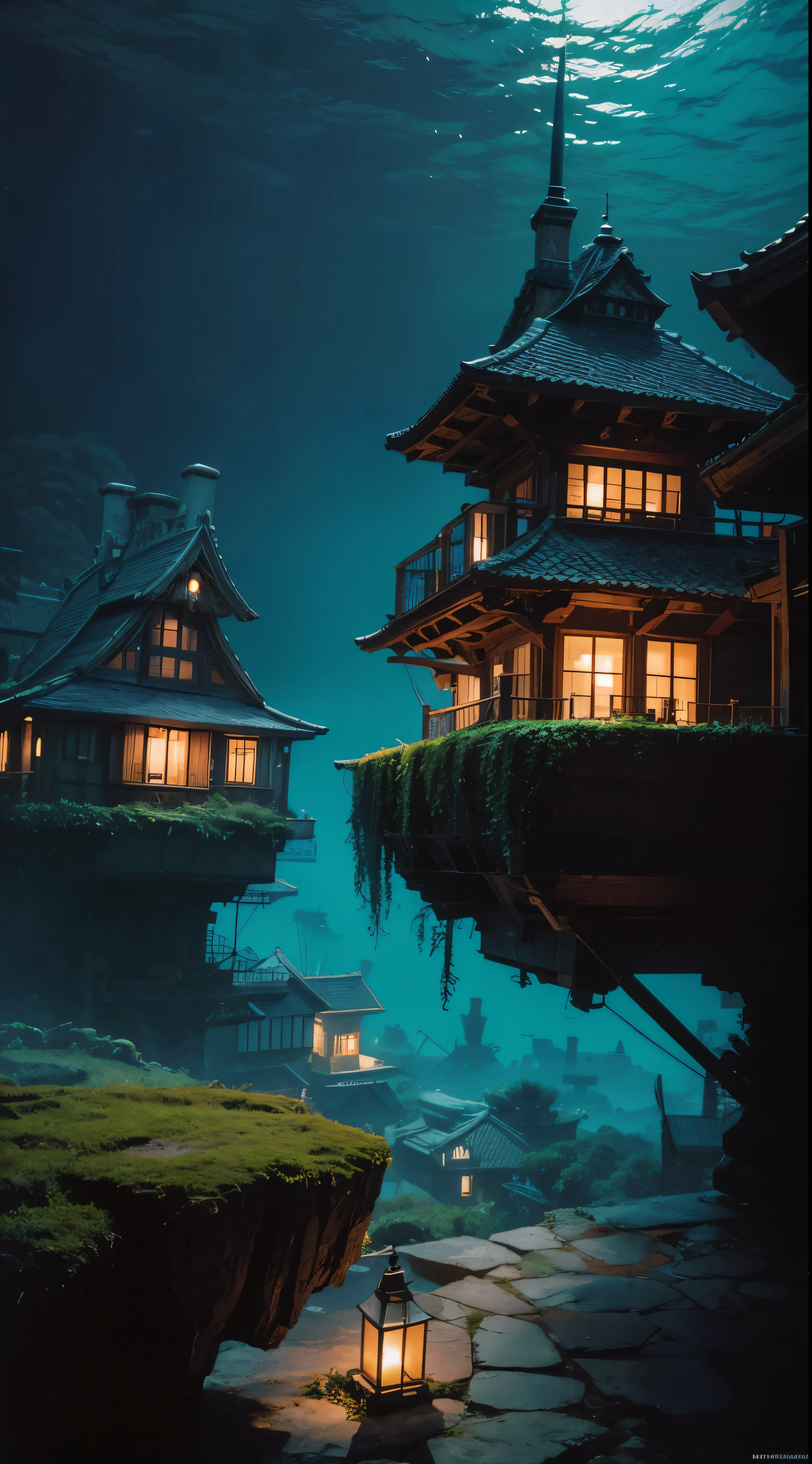 color (Fantasy: 1.2), (Hayao Miyazaki Style), (Irregular Buildings Floating Under the Sea), Patchwork Cottage, Moss decoration, Coral, Light, Concept art inspired by Andreas Rocha, Artstation Contest Winners, Fantasy art, (Underwater City), Ross Tran, Streaks of light, Realistic lighting, masterpiece, High image quality, Beautiful graphics, high detail, masterpiece, High image quality, Beautiful graphics, high detail, 