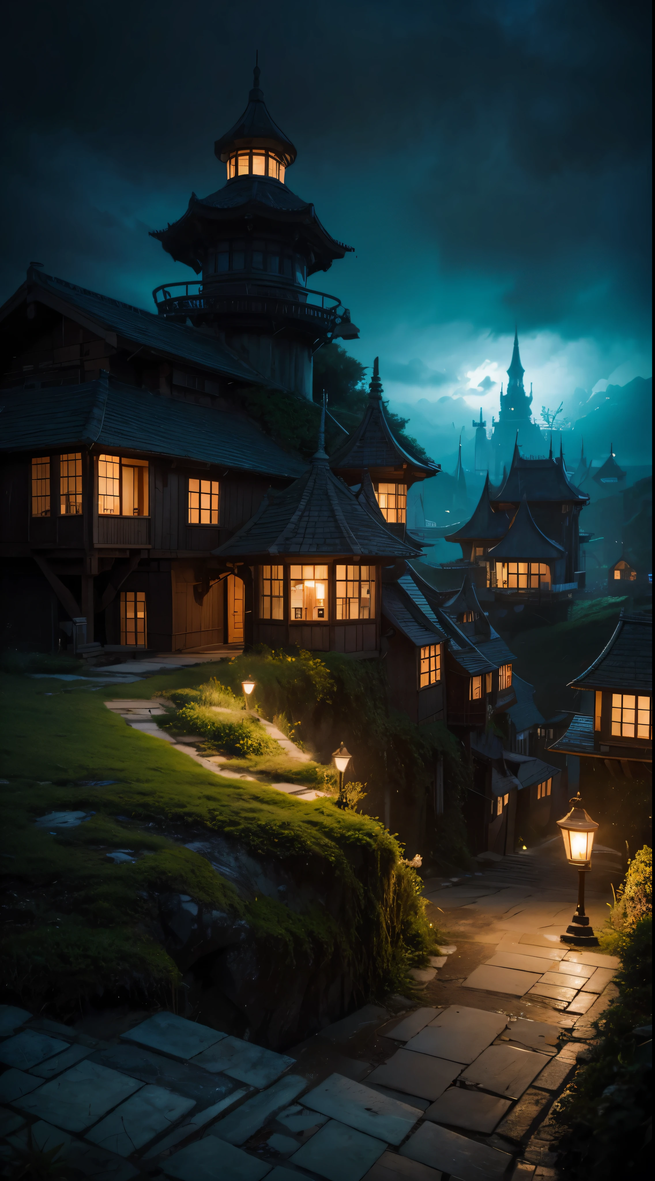 color (Fantasy: 1.2), (Hayao Miyazaki Style), (Irregular Buildings Floating Under the Sea), Patchwork Cottage, Moss decoration, Coral, Light, Concept art inspired by Andreas Rocha, Artstation Contest Winners, Fantasy art, (Underwater City), Ross Tran, Streaks of light, Realistic lighting, masterpiece, High image quality, Beautiful graphics, high detail, masterpiece, High image quality, Beautiful graphics, high detail, 