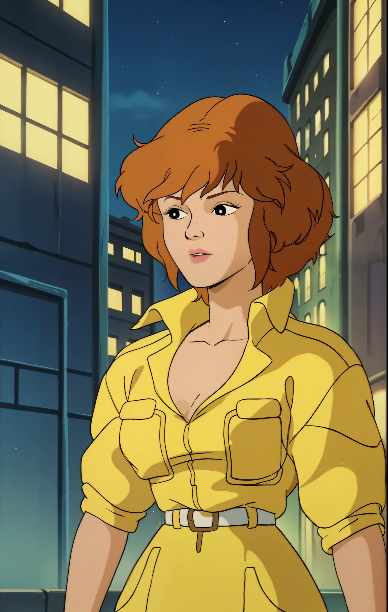 check_9, check_8_up, check_7_up, April Neil, yellow jumpsuit, white belt, 1 girl, One, (Night), city at Night, city background, upper body, retro buildings_artstyle, cartoon, source_cartoon, 1990-е годы_(style), 