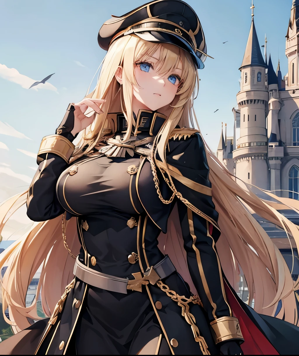 A woman with long blonde hair, blue eyes, wearing a black Prussian uniform with gold details, wearing a black military hat with gold details, a black cape, big breast, outside a large castle.