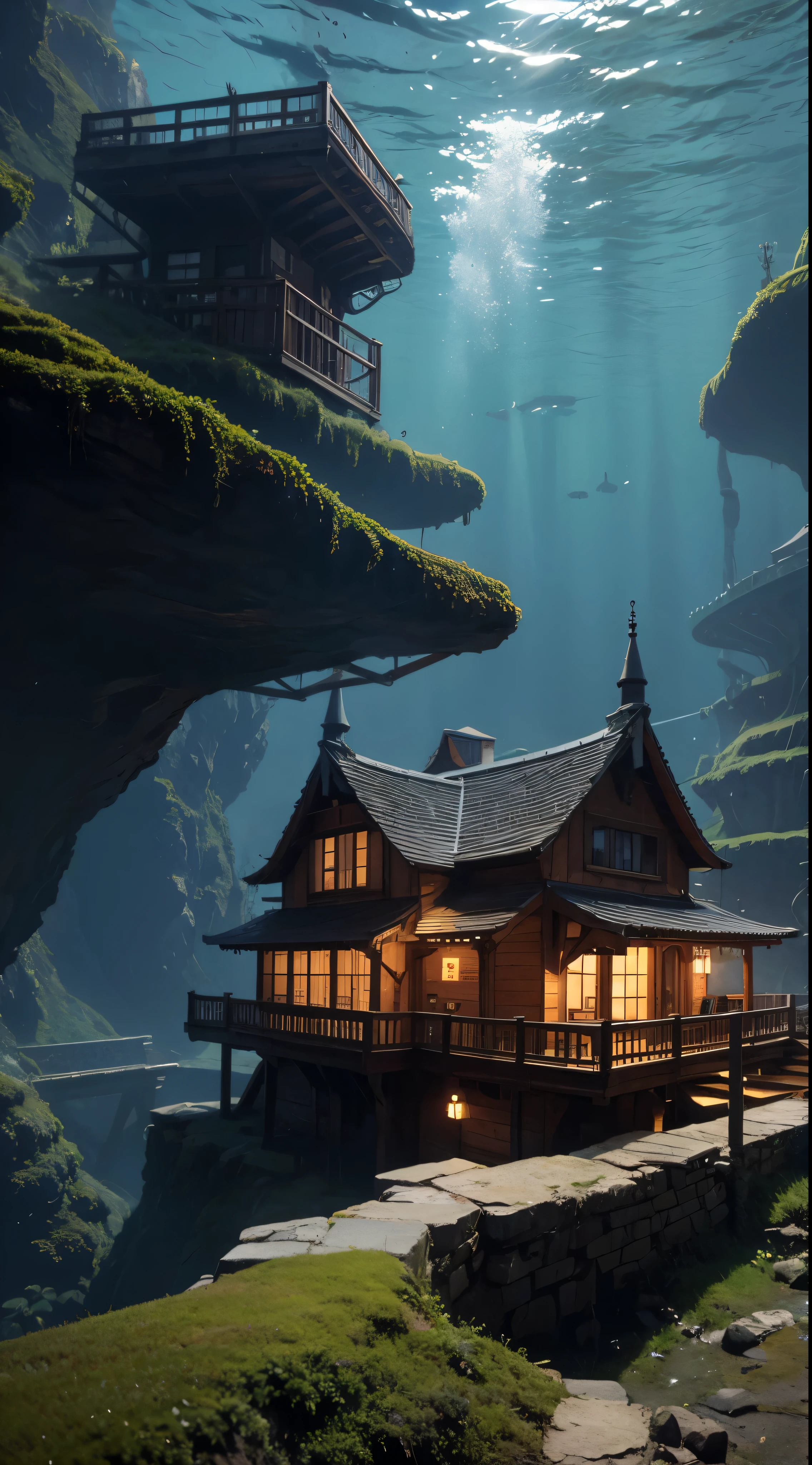 color (Fantasy: 1.2), (Hayao Miyazaki Style), (Irregular Buildings Floating Under the Sea), Patchwork Cottage, Moss decoration, Coral, Light, Concept art inspired by Andreas Rocha, Artstation Contest Winners, Fantasy art, (Underwater City), Ross Tran, Streaks of light, Realistic lighting, masterpiece, High image quality, Beautiful graphics, high detail, masterpiece, High image quality, Beautiful graphics, high detail, 