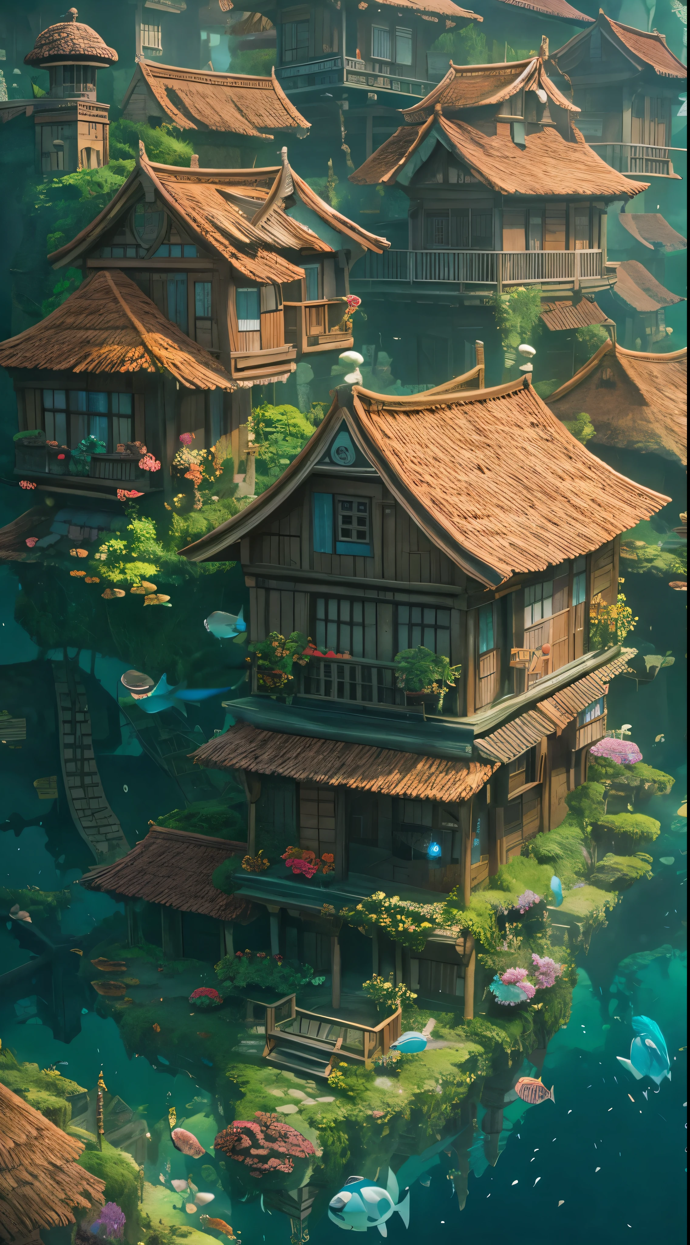 color (Fantasy: 1.2), (Hayao Miyazaki Style), (Irregular Buildings Floating Under the Sea), Patchwork Cottage, Moss decoration, Coral, Light, Concept art inspired by Andreas Rocha, Artstation Contest Winners, Fantasy art, (Underwater City), Ross Tran, Streaks of light, Realistic lighting, masterpiece, High image quality, Beautiful graphics, high detail, masterpiece, High image quality, Beautiful graphics, high detail, 