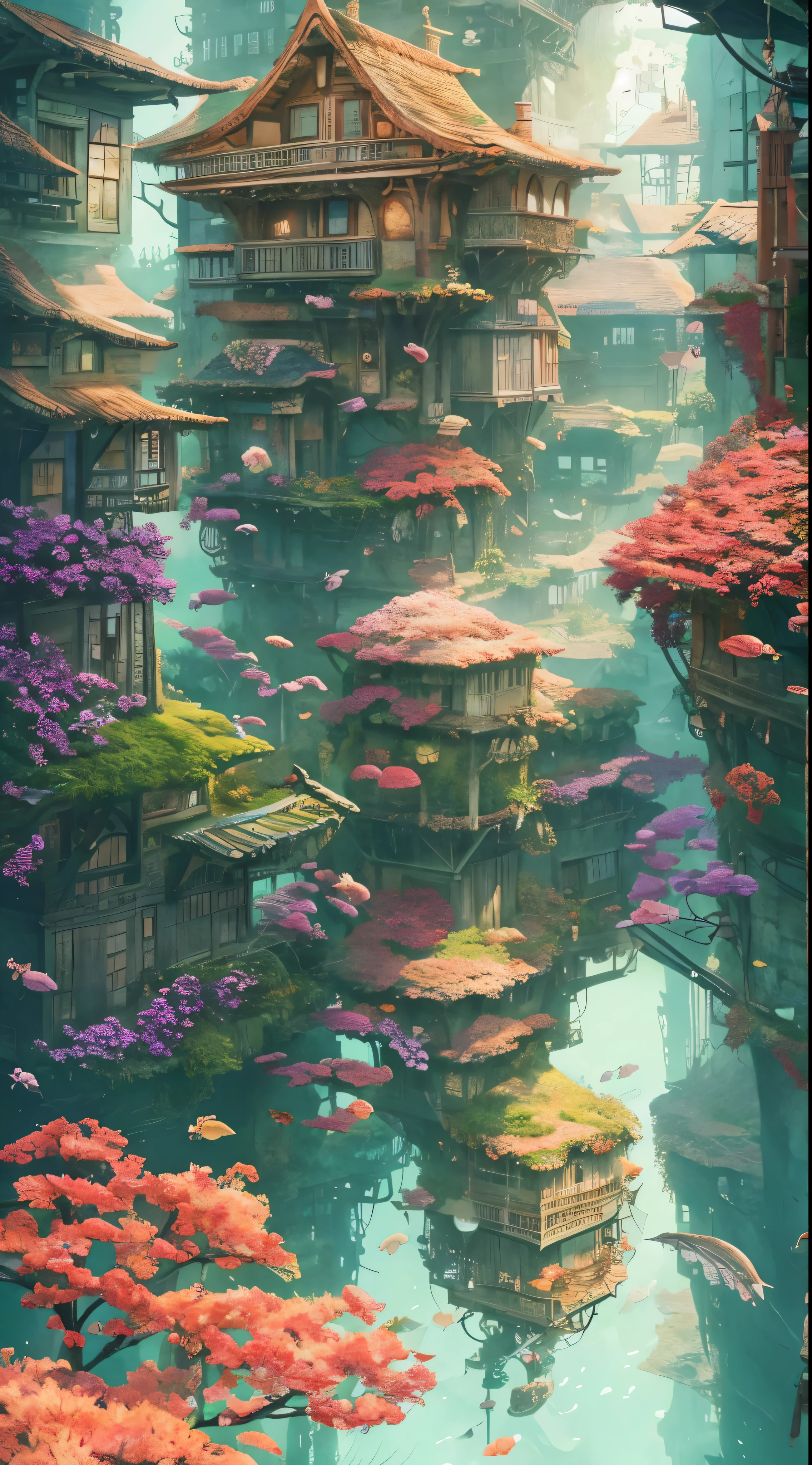 color (Fantasy: 1.2), (Hayao Miyazaki Style), (Irregular Buildings Floating Under the Sea), Patchwork Cottage, Moss decoration, Coral, Light, Concept art inspired by Andreas Rocha, Artstation Contest Winners, Fantasy art, (Underwater City), Ross Tran, Streaks of light, Realistic lighting, masterpiece, High image quality, Beautiful graphics, high detail, masterpiece, High image quality, Beautiful graphics, high detail, 