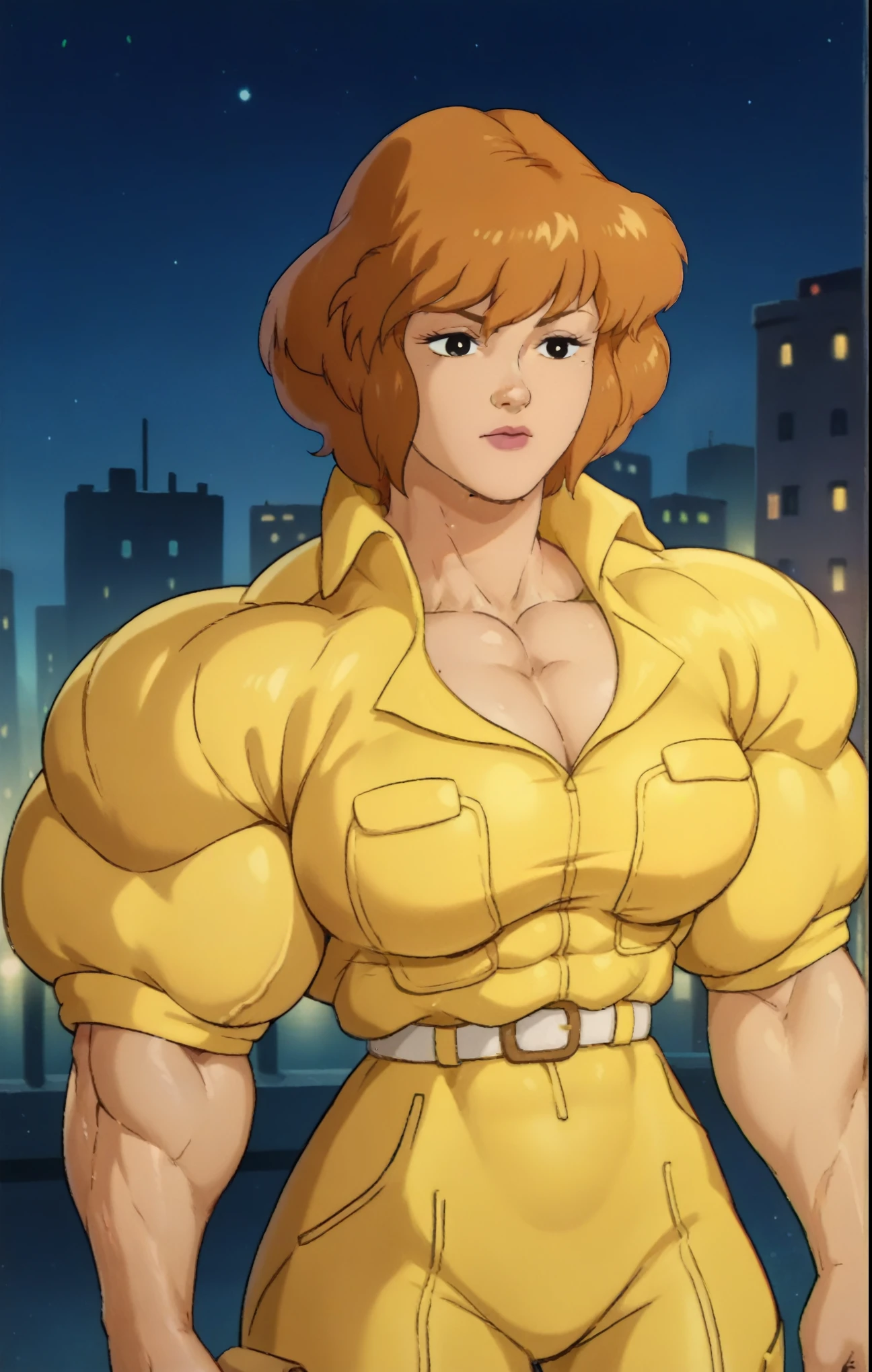 check_9, check_8_up, check_7_up, April Neil, yellow jumpsuit, white belt, 1 girl, One, (Night), city at Night, city background, upper body, retro buildings_artstyle, cartoon, source_cartoon, 1990-е годы_(style), muscle girl, muscle body, huge muscles, massive muscles, huge biceps, massive biceps, oversized biceps, gigantic biceps, hyper biceps, abs, thigh muscles