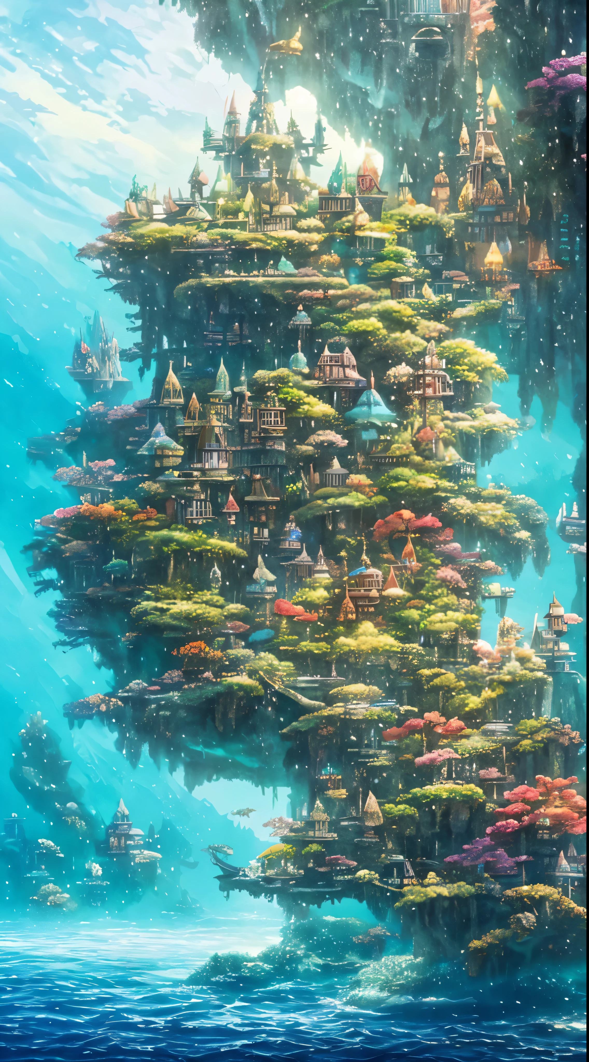 color (Fantasy: 1.2), (Hayao Miyazaki Style), (Irregular Buildings Floating Under the Sea), Patchwork Cottage, Moss decoration, Coral, Light, Concept art inspired by Andreas Rocha, Artstation Contest Winners, Fantasy art, (Underwater City), Ross Tran, Streaks of light, Realistic lighting, masterpiece, High image quality, Beautiful graphics, high detail, masterpiece, High image quality, Beautiful graphics, high detail, 