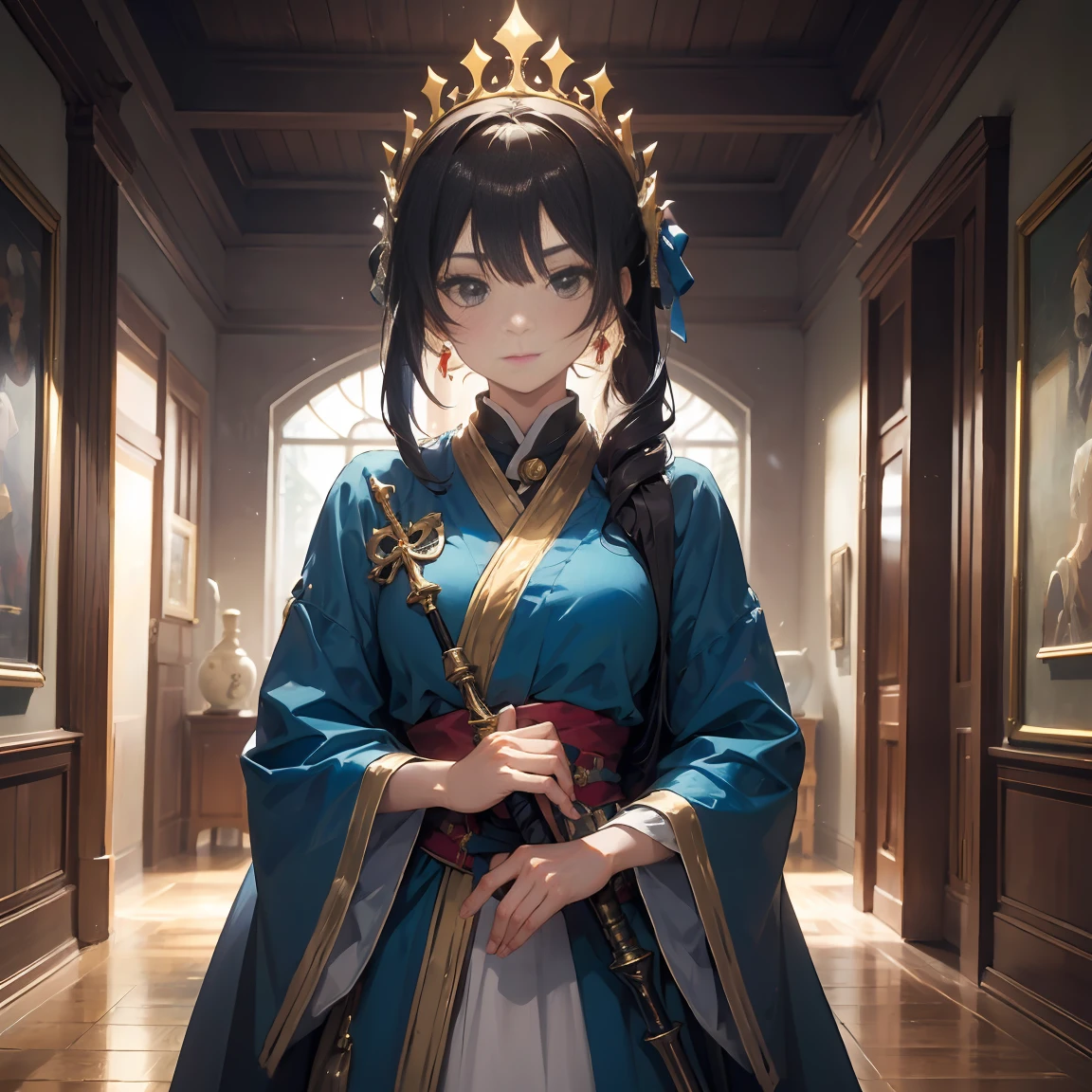 Historical painting, Queen, Female emperor, 1 person, Merciful, Absolute trust, Non-dominance, like, Absolute comprehensiveness, god bless you, break 高級で質素な身なり, Midea, Royal clothing worn for many years, break (He has a large jeweled staff:透明でMideaな杖:Emits a warm light), Legend, break 詳細な説明:Attractive skin, Results of efforts:Strong will:All-seeing personality:Unleash charm, Anatomically correct, break 詳細で正確な人体の描写, Artworks in the museum&#39;s collection, Holographic, (Overfit style:1.3)