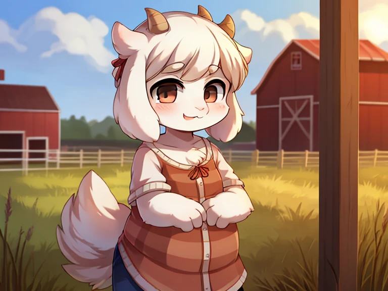 Young furry goat, cute, white, black, hair covering one eye, farm background 