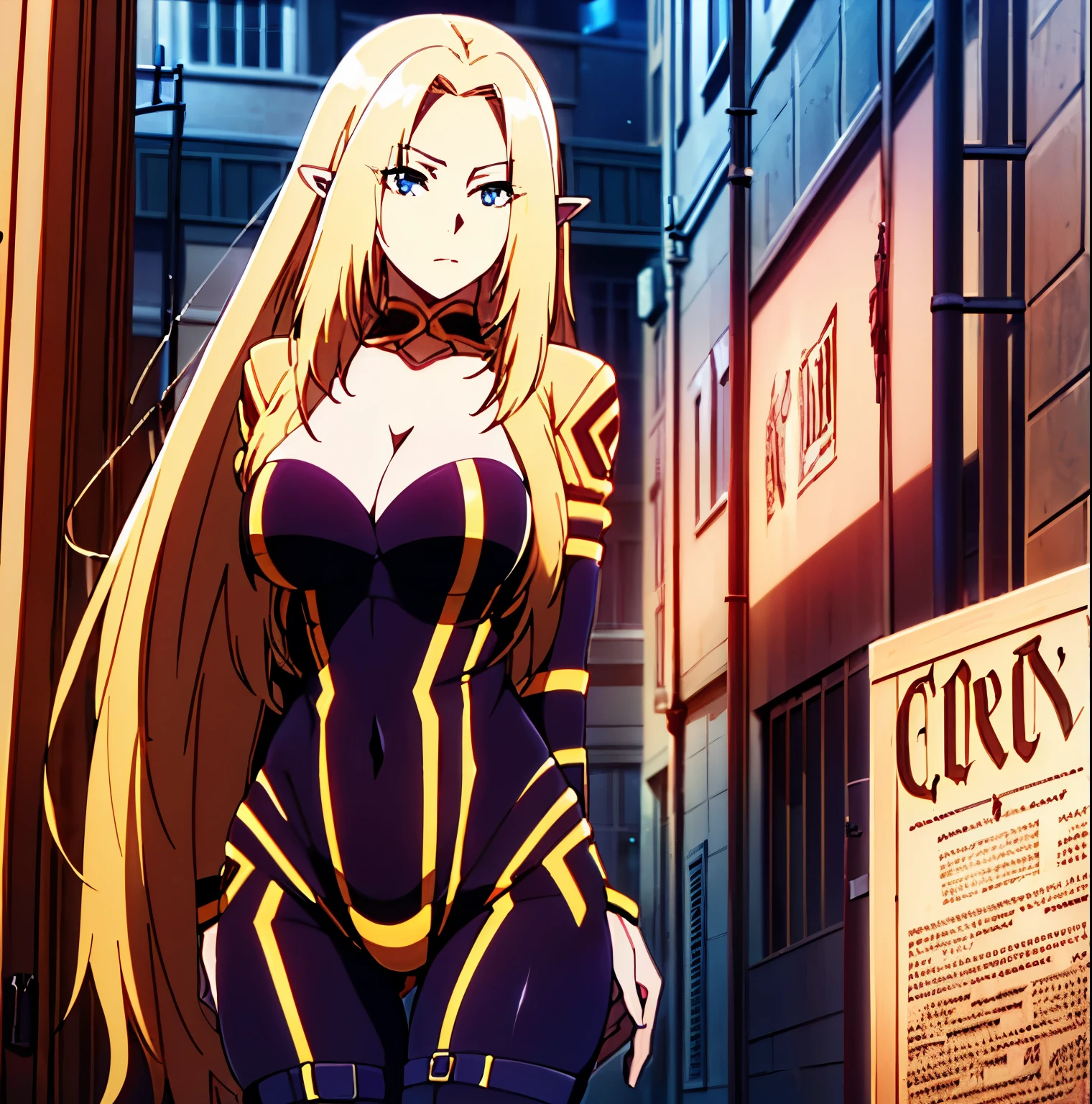 ((1girl)),((alone)),alpha, \( the eminence of shadow \),(masterpiece), (best quality), (ultra detailed), (best illustration), (best shadow), (absurdities ), sharp focus, cowboy shot, atmospheric perspective, depth of field, dynamic posture, ((looking at viewer)), large breasts, narrow waist, wide hips, medium thighs, round butt, erotic, romantic, (highly detailed eyes , lips 1.1), highly detailed eyes, eyes, Highly detailed face, Very beautiful face, Symmetrical face, Aesthetic face, perfect face, perfect eyes, detailed eyelashes: 1.5), full height, beautiful slim figure, femininity, apathetic look, breasts big elastics, sexuality, parted lips, elf, blonde hair, pointed ears, luminous eyes, blue eyes, long hair, sexy mature look, collarbone, cleavage, medium breasts, thigh strap, fit body, sexy muscular, covered belly , covered navel ,cowboy photo,curves, defined body,Perfect and beautiful body, perfect and beautiful, stoic look,closed mouth,((calm expression)),(sexy pose: 1.2), standing :1.3,((only)),( (outside, medieval style city, night, streets, wanted posters, medieval landscape)), Looking forward, ((focus on hips: 1.4)), point of view: (from below), perfect anatomy, hands perfect