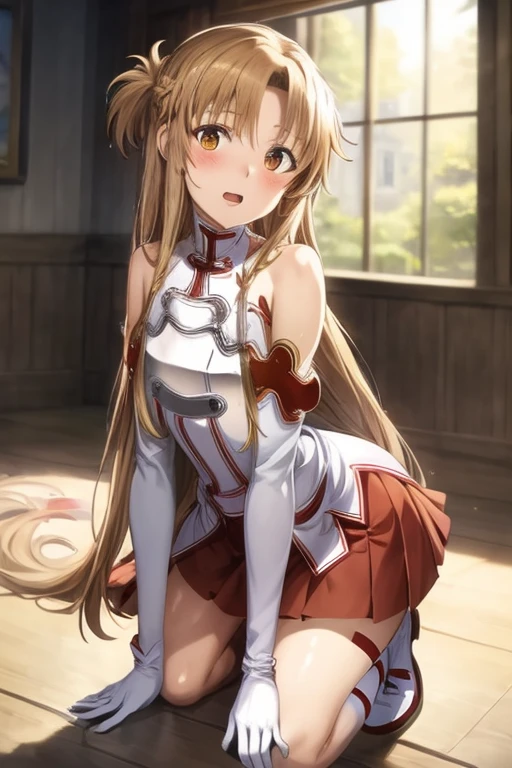 ((Best Quality)), ((masterpiece)), (be familiar with), Perfect Face, indoor, bedroom, Watching the audience,
One woman, Yuuki Asuna,
Open Mouth, Ecstatic expression, blush, smile,
Small breasts, Flat Chest, , , , Girl,
Long Hair, Long Hair,
Leg spread,