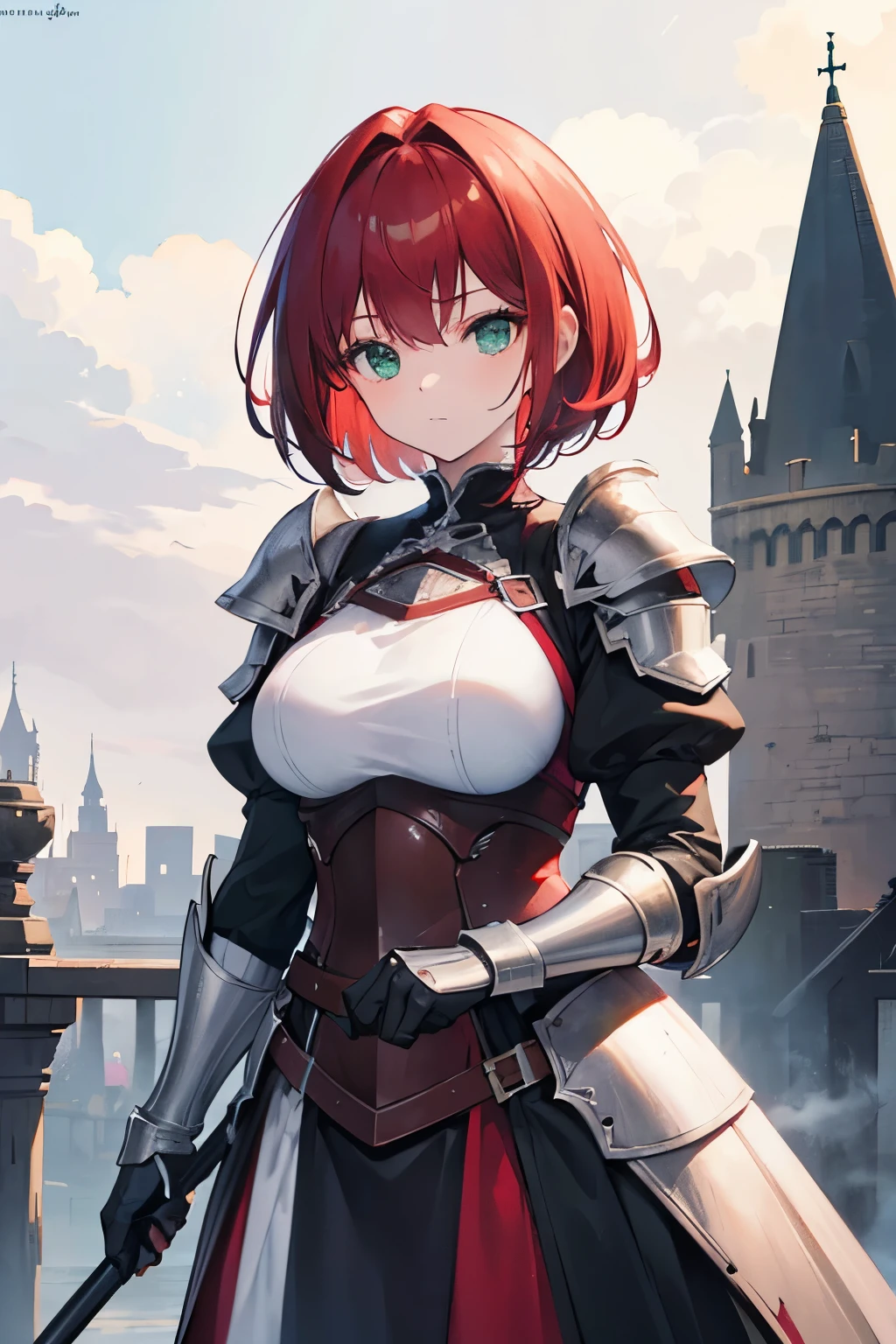 Cute girl, red hair tied, red eyes, silver knight armor, brown paws, short blue skirt