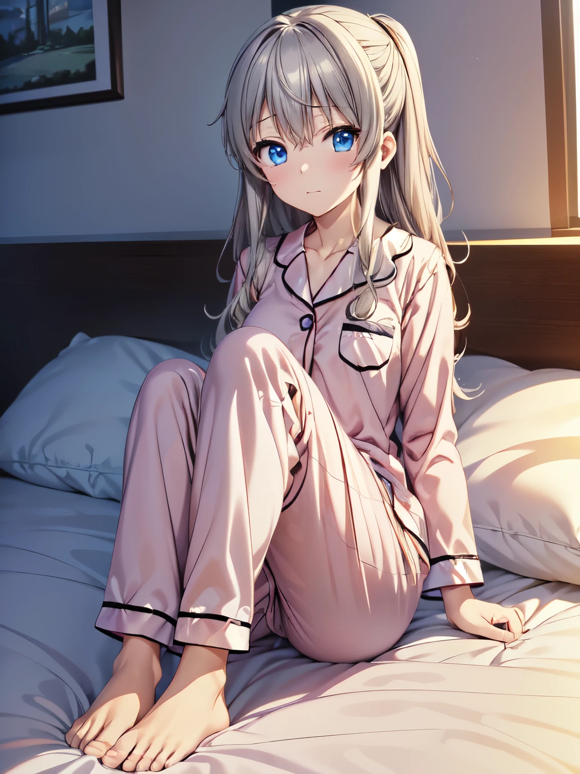 Best Quality, Tomori,One Girl、(Anime illustration style:1.2),(Anime illustration style:1.1), indoor、Full Body Shot, Full Body Focus, bedroom, with them.Tomori, blue eyes、pajamas, (Sleepy face, sweat,Closed Mouth),(bet, 水色のpajamas:1.5), Shine, pants、4Ｋ，8Ｋ,(Genuine、Genuine志向、写真Genuine志向:1.5）、High resolution、超High resolution、Ultra High Definition Painting
