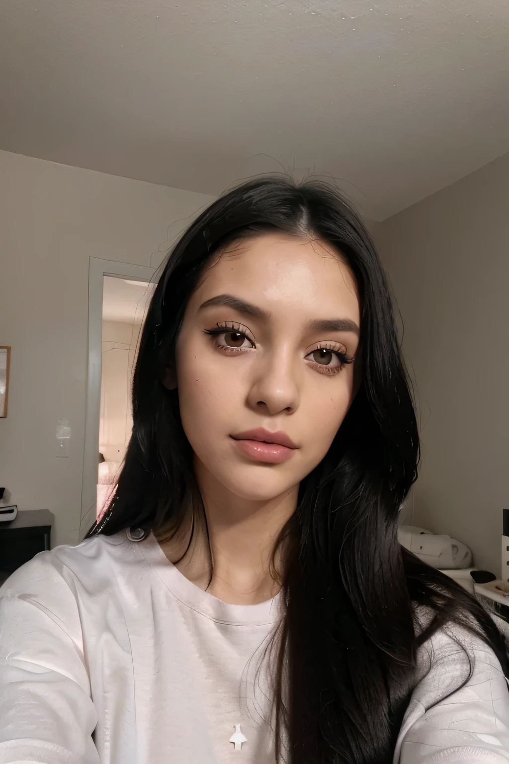A selfie of a 21-year-old Colombian girl with long, flowing dark hair and striking black eyes, She sucking dick