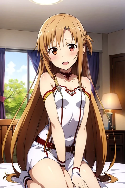 ((Best Quality)), ((masterpiece)), (be familiar with), Perfect Face, indoor, bedroom, Watching the audience,
One woman, Yuuki Asuna,
Open Mouth, Ecstatic expression, blush, smile,
Small breasts, Flat Chest, , , child, Girl,
Long Hair, Long Hair,
Leg spread,