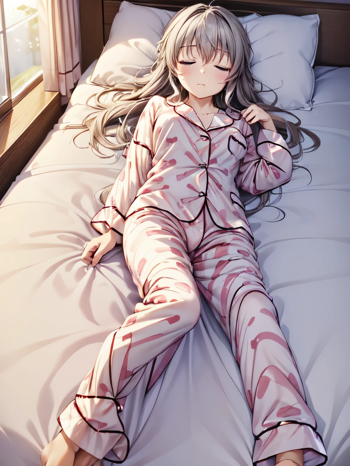 Best Quality, Tomori,One Girl、(Anime illustration style:1.2),(Anime illustration style:1.1), Hands on chest、indoor、Full Body Shot, Full Body Focus, bedroom, with them.Tomori, blue eyes、pajamas, (Sleepy face, sweat,Closed Mouth),(bet, 水色のpajamas:1.5), Shine, pants (sleeping face, sweat,Closed Mouth),(Sleep on your back, pajamas:1.5), Shine, pants