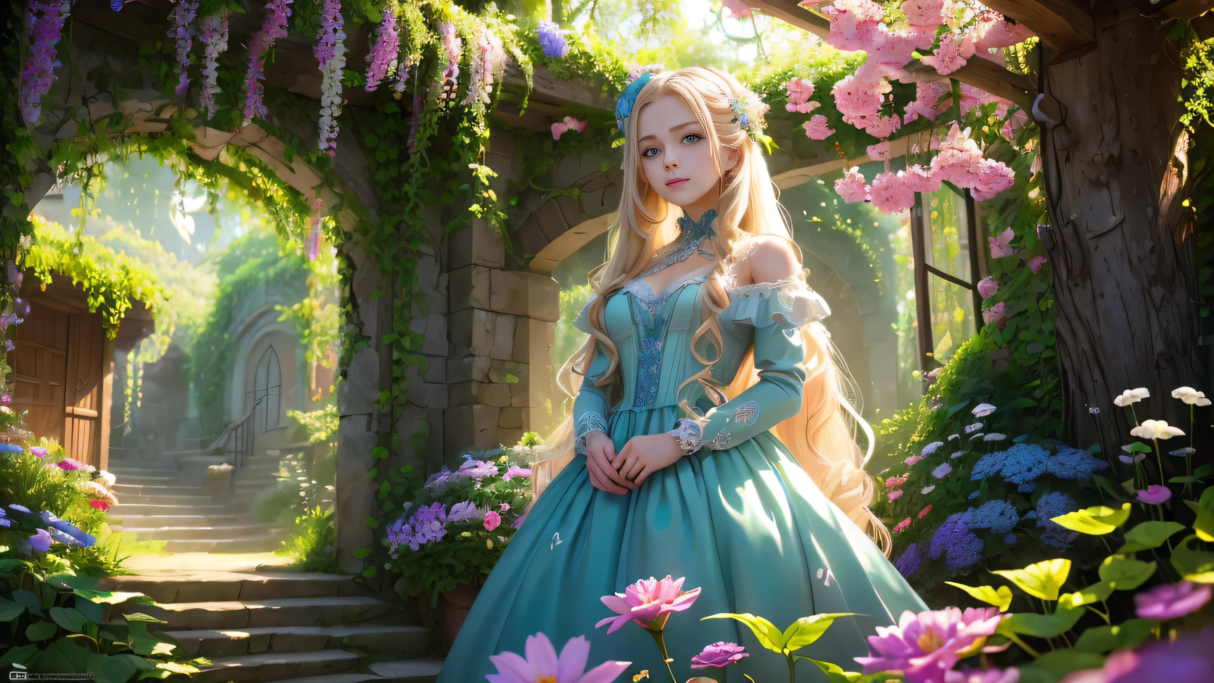 Masterpiece, highest quality, solo, (perfect face: 1.1), (high detail: 1.1), dramatic, dynamic pose, 1girl, breasts, blonde hair, bright blue eyes, solo, cleavage, delicate and characteristic pretty face, long hair, curved, small breasts, hanfu, thighs, intricate patterns, bare shoulders, slender and tall figure, pink lips, she is like a fairy in the mortal world, elegant and elegant. Her dress was made of silk and dyed a soft pink color to match the glow of the sky. The dress has intricate embroidery of flowers and birds, showing her elegant taste and noble status. She wore a jade-colored hairpin on her long black hair, which fluttered behind her as she ran. Her face is delicate and flawless, with bright eyes and rosy lips. She smiled and enjoyed the freedom and beauty of nature. The fields are covered with green grass and colorful wildflowers that sway in the breeze. The sun sets behind the mountains, casting a warm glow on the entire scene. She looks like a painting, a dream, a poem. Japanese pastel tones.