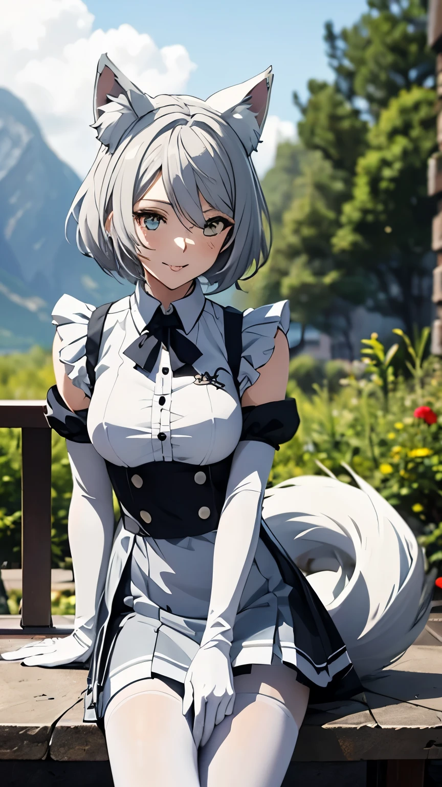 Tabletop　High resolution　Best image quality　8k　 Adult female　Anime Style　White long gloves（Elbow Gloves）　Black knitted dress（Sleeveless）　　White Pantyhose　White wolf ears　short hair（（Shortcuts）（Gray Hair）（Perm）（fluffy））　blue eyes　Attractive face（（Laughter）（smile）（Open your mouth））　Are standing　Place your hands on your knees　garden