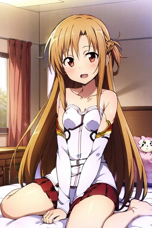 ((Best Quality)), ((masterpiece)), (be familiar with), Perfect Face, indoor, bedroom, Watching the audience,
One woman, Yuuki Asuna,
Open Mouth, Ecstatic expression, blush, smile,
Small breasts, Flat Chest, , , child, Girl,
Long Hair, Long Hair,
Leg spread,