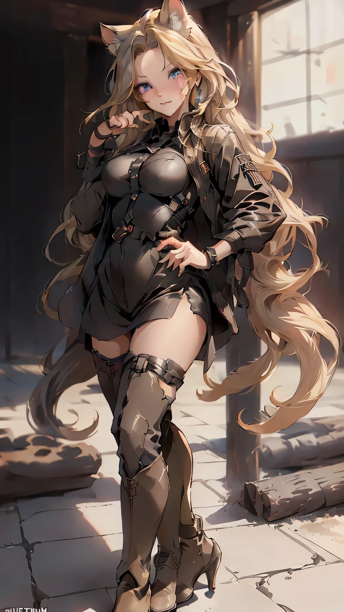 detailed eyes, detailed lips, extremely detailed face, longeyelashes, detailed hands, detailed feet, 1girl, golden hair, has cat ears and cat tail, black military uniform, shirt, pants, boots, black boots with muddy soles, black cloths, soft lighting, fullbody, standing, absentminded pose, standing, simple background, negative space