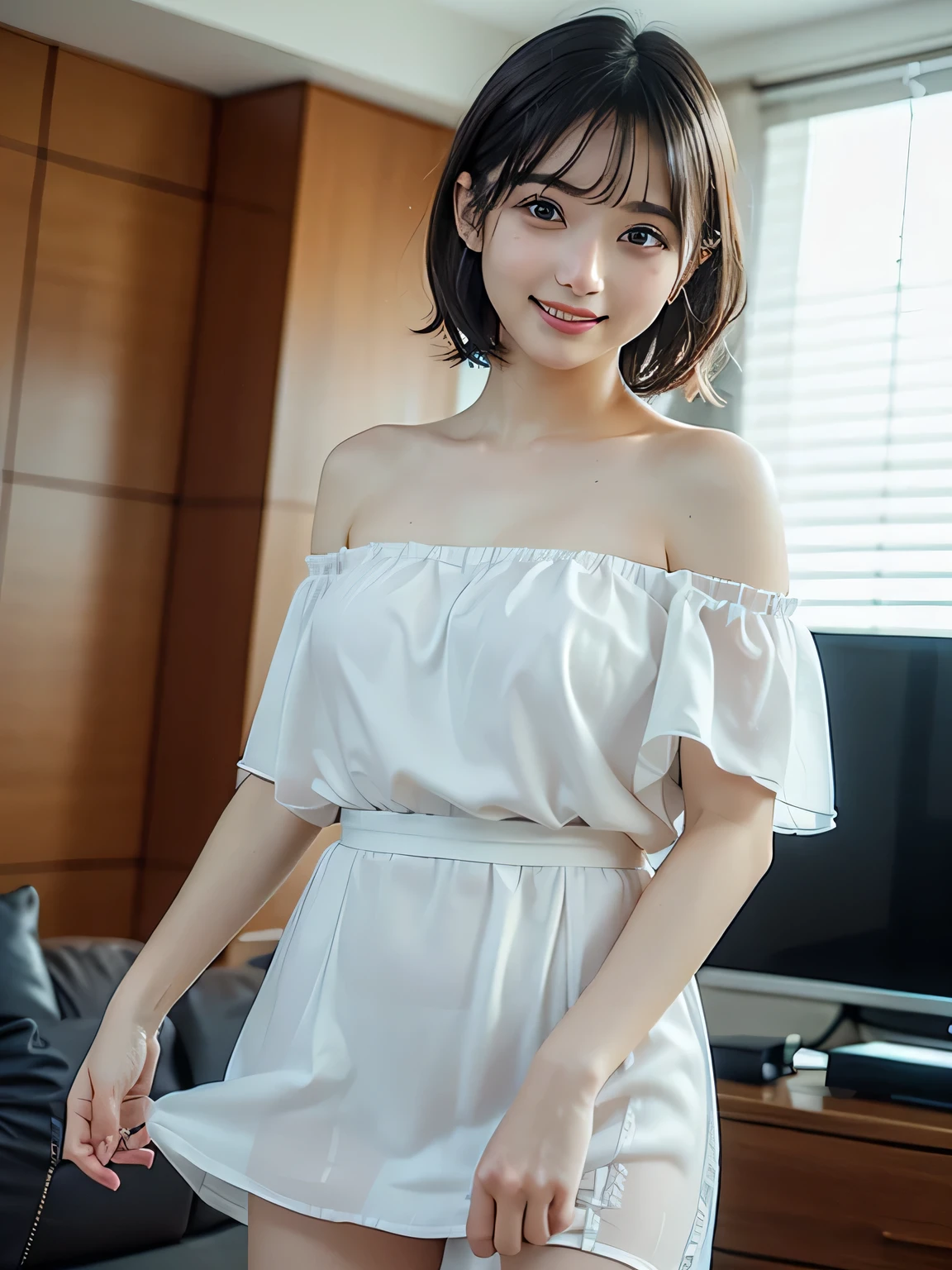 (8K, Best quality at best, tmasterpiece:1.2), (actual, Photorealistic:1.37), ultra - detailed,((( 1 girl))),Alone,beautiful detailed sky,Detailed café,the night,sitted,dated,(nose blushing),(ssmile:1.15),(Keep your mouth shut) small,美丽细致的眼睛,(The shirt:1.1), the night, Wet with, Sateen,white lace chemise, (short detailed hair:1.2),Floating NovaFrogStyle, ((full bodyesbian)),standing on your feet, sexy for, cute big breasts