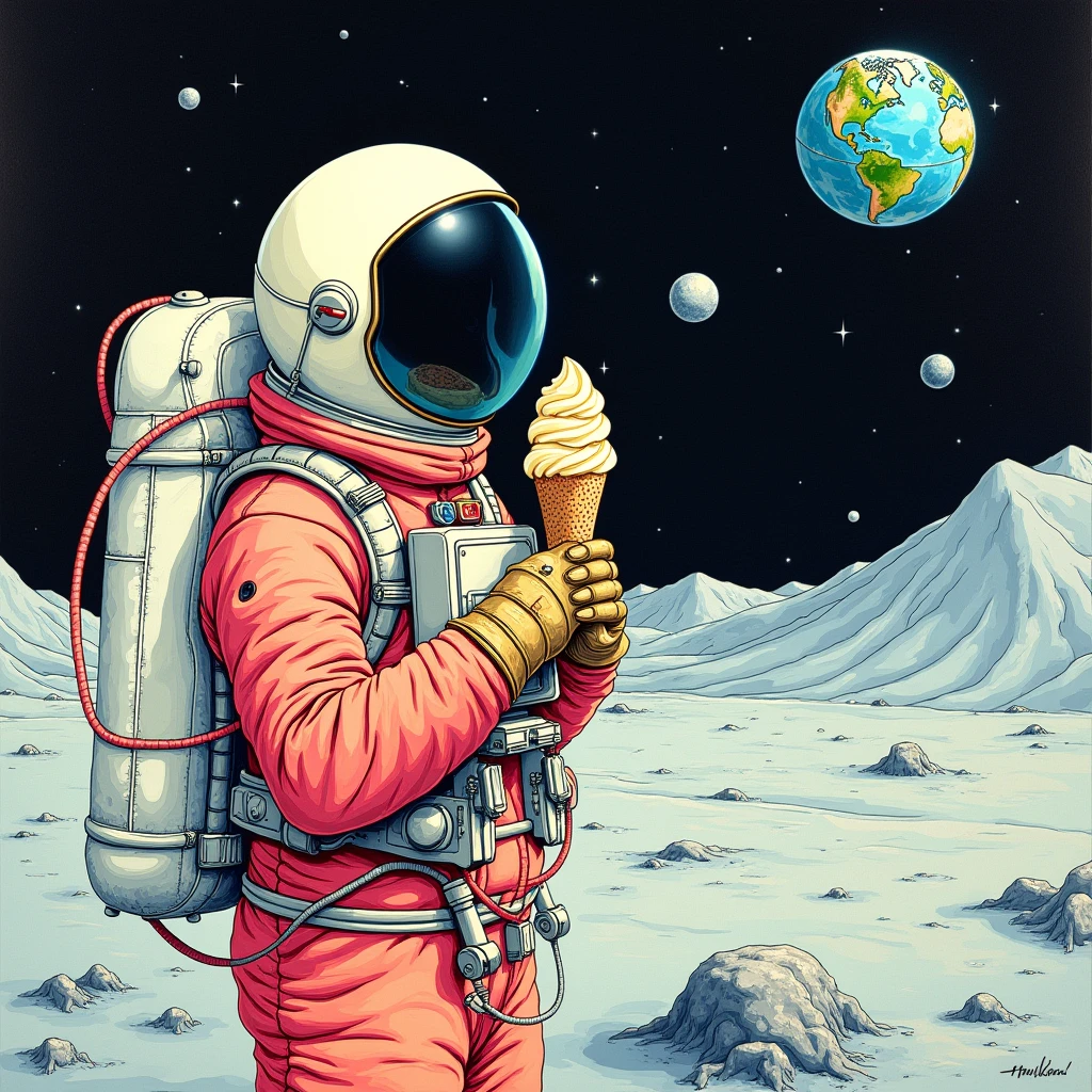 Funny snowman smokes a joint of cannabis with a grasshopper, in space, Masterpiece