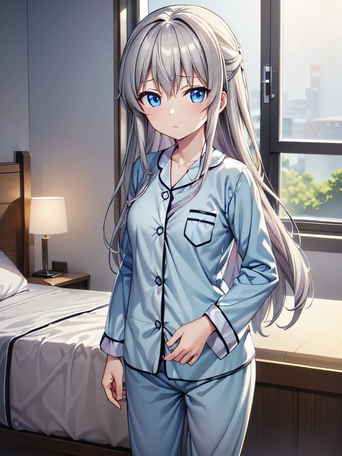 Best Quality, Tomori,One Girl、Shooting from the front、Standing、(Anime illustration style:1.2),(Anime illustration style:1.1), indoor, bedroom, with them.Tomori, blue eyes、pajamas, (Sleepy face, sweat,Closed Mouth),(bet, 水色のpajamas:1.5), Shine, pants、4Ｋ，8Ｋ,(Genuine、Genuine志向、写真Genuine志向:1.5）、High resolution、超High resolution、Ultra High Definition Painting、Leaning forward
