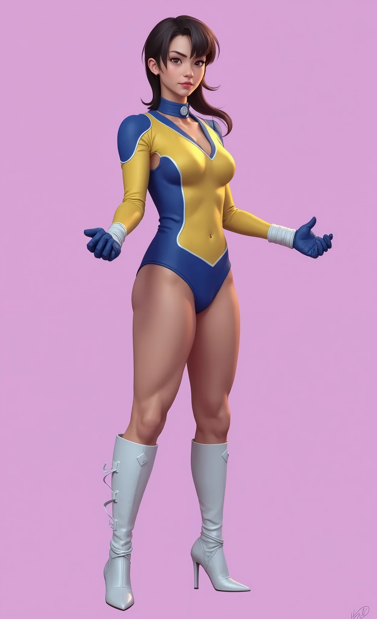 (masculine) (android) (blonde hair that reaches to the heels) (blue eyes) (Slim and toned body) (wears a tight brown bodysuit with gold details) (laboratory background) (holding a bird in his hands)