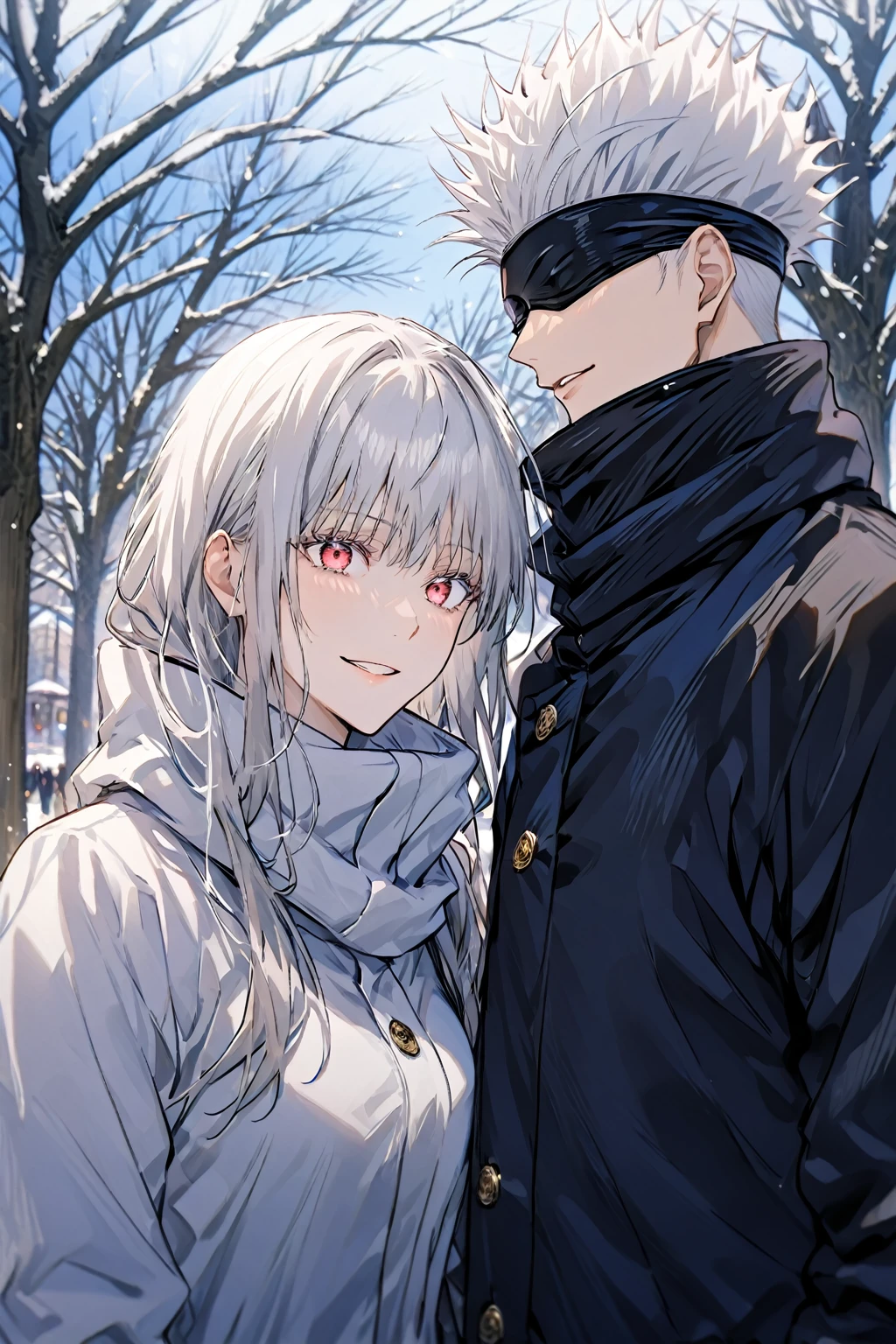 absurdres, highres, ultra detailed, HDR, masterpiece, (SatoruGojo and Monika couple), 2 people, 1 man, handsome, Gojou Satoru, white hair, black blindfolded, Jujutsu Kaisen, with girlfriend, 1girl, monika, long hair, black hair, red eyes, wearing winter hats, scarves, and winter gloves, dressed in white jackets, smiling sweetly, look at each other on a sunny day in the park