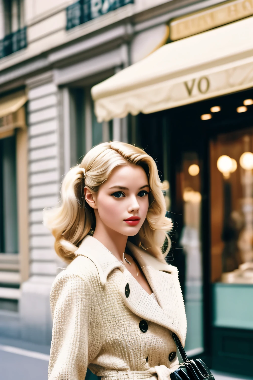 2020 movie, film still, 1girl, blonde hair, gucci style,, Fujifilm, aesthetic, paris