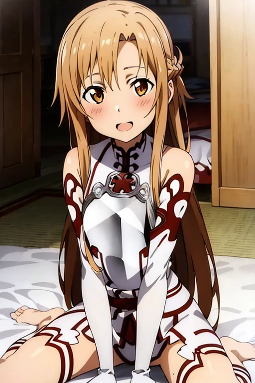 ((Best Quality)), ((masterpiece)), (be familiar with), Perfect Face, indoor, bedroom, Watching the audience,
One woman, Yuuki Asuna,
Open Mouth, Ecstatic expression, blush, smile,
Small breasts, Flat Chest, , , child, Girl,
Long Hair, Long Hair,
Leg spread,