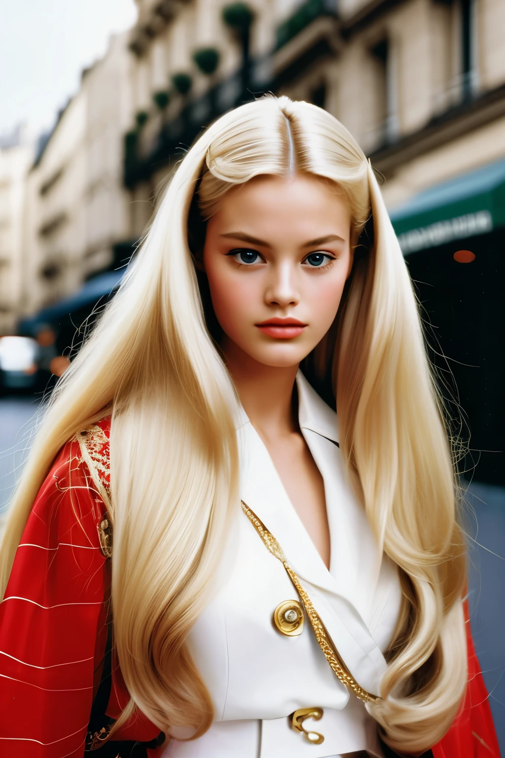 1999 movie, film still, 1girl, long blonde hair, gucci style,, Fujifilm, aesthetic, paris