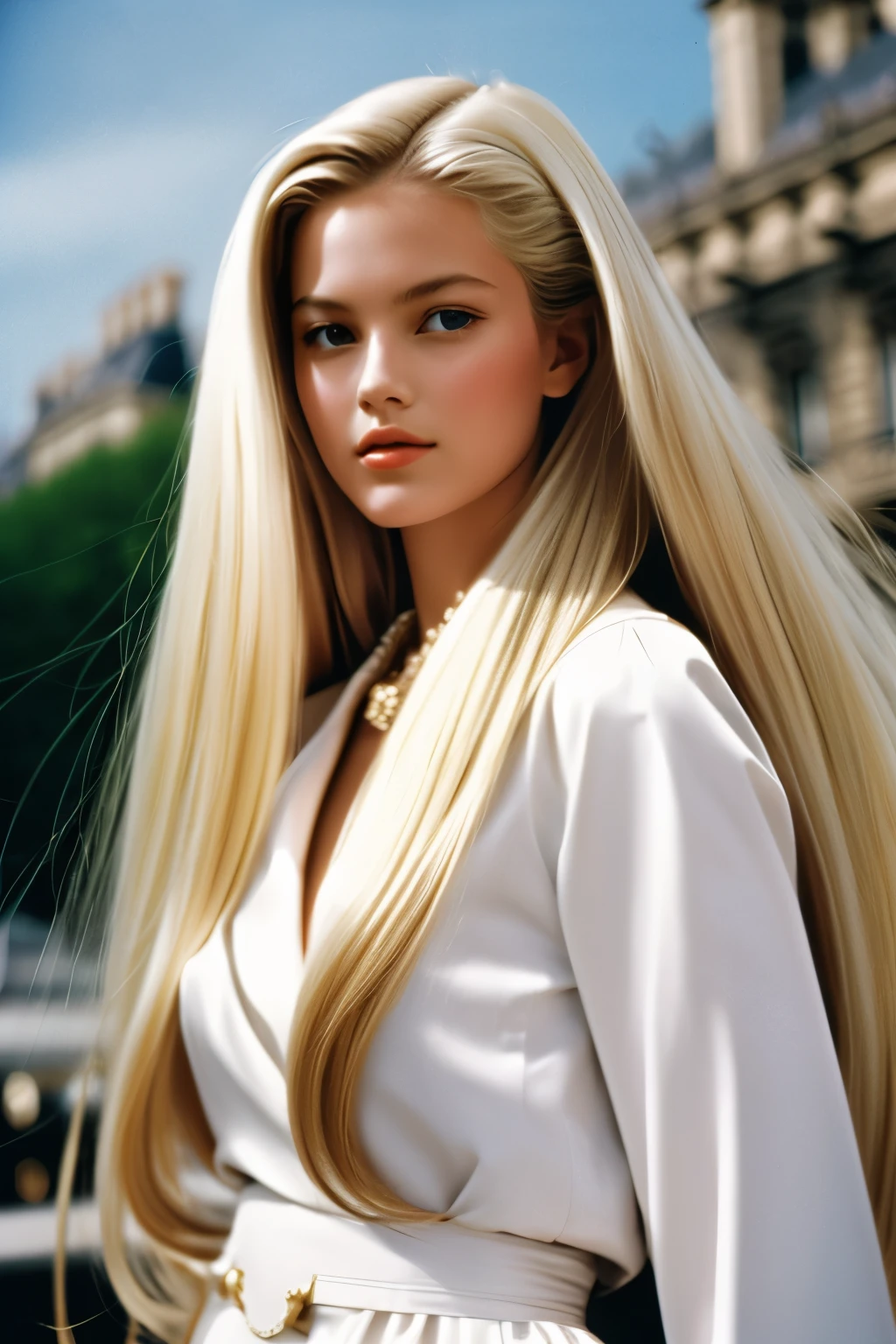 1999 movie, film still, 1girl, long blonde hair, gucci style,, Fujifilm, aesthetic, paris