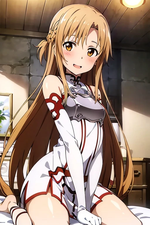 ((Best Quality)), ((masterpiece)), (be familiar with), Perfect Face, indoor, bedroom, Watching the audience,
One woman, Yuuki Asuna,
Open Mouth, Ecstatic expression, blush, smile,
Small breasts, Flat Chest, , , child, Girl,
Long Hair, Long Hair,
Leg spread,