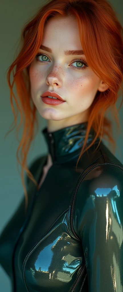 masterpiece, best quality, ultra-detailed, beautiful lighting, 1girl, milf, orange hair, green eyes, freckles, turtleneck, looking at viewer, black latex leggins