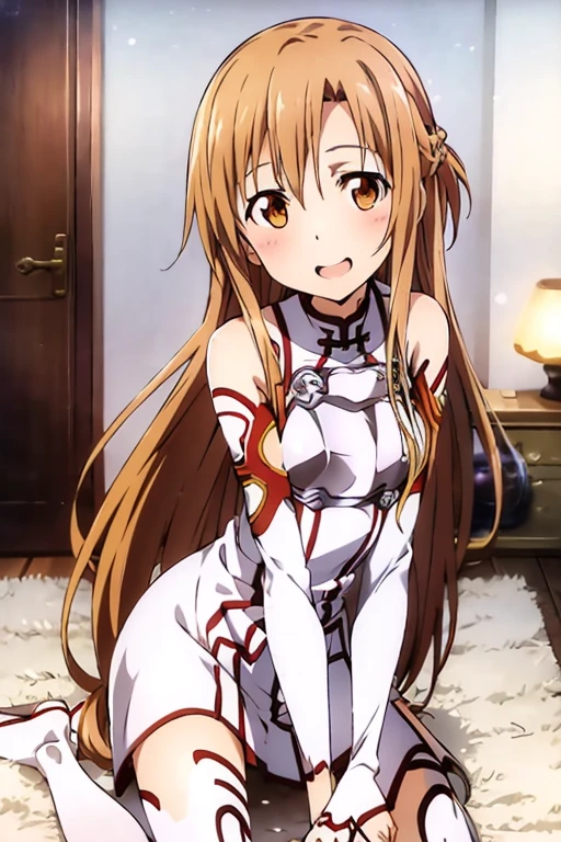 ((Best Quality)), ((masterpiece)), (be familiar with), Perfect Face, indoor, bedroom, Watching the audience,
One woman, Yuuki Asuna,
Open Mouth, Ecstatic expression, blush, smile,
Small breasts, Flat Chest, , , , Girl,
Long Hair, Long Hair,
Leg spread,