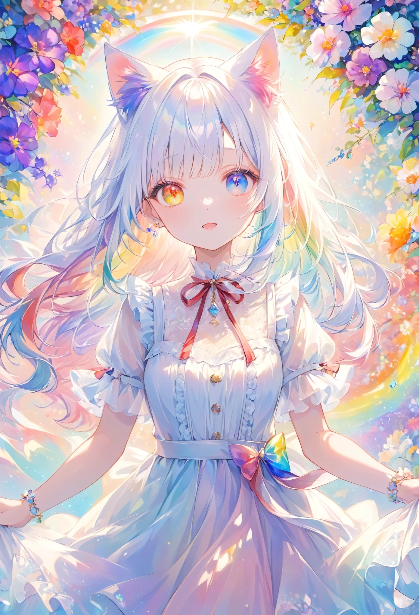 (((masterpiece))), (((Best Quality)))(, (Ultra-detailed)), A fusion of watercolor and oil painting, Very colorful tones, Psychedelic World, Watercolor splash,Commemorative photo, White dress、Ultra-precise embroidery, See-through lace, ribbon, See-through frills,cute, beautiful girl, Adorable, , 1 cute girl, (Look forward), (Looking at this), (Very delicate and beautiful face), (Beautiful eyes in every detail), ((((Heterochromia Iridum - Red and Blue Eye Color))))、Through the bangs, Shiny white hair,Shoulder-length bob,Cat ears, 髪の色と同じ色のCat ears, ((No earrings)), ((No piercing)), 腰に大きなribbon,Beautiful attention to detail, Beautiful lip detail, Highly detailed face, Attractive eyes, Long eyelashes, smile, Open your mouth a little, One Girl, Digital Art, Pastel colors, ((Use the rainbow as your main color)),Vibrant colors,Fantasy Artwork,Dreamy,Mythical fantasy with rainbow accents,Fairytale Fantasy, (((Translucent rainbow))),Rainbow Gradient,Subtle iridescent detailing,Gives off a magical aura,Exquisite detail,Heavenly, Flowers,Soft lighting, Cinematic, romantic, 、Framing above the chest, Colorful gel background, Fractal Floral Background, Sparkling, Sparkling, cute, Perfect lighting, Sharp focus, High resolution, High resolution,High color rendering, High resolution