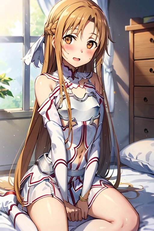 ((Best Quality)), ((masterpiece)), (be familiar with), Perfect Face, indoor, bedroom, Watching the audience,
One woman, Yuuki Asuna,
Open Mouth, Ecstatic expression, blush, smile,
Small breasts, Flat Chest, , , child, Girl,
Long Hair, Long Hair,
Leg spread,