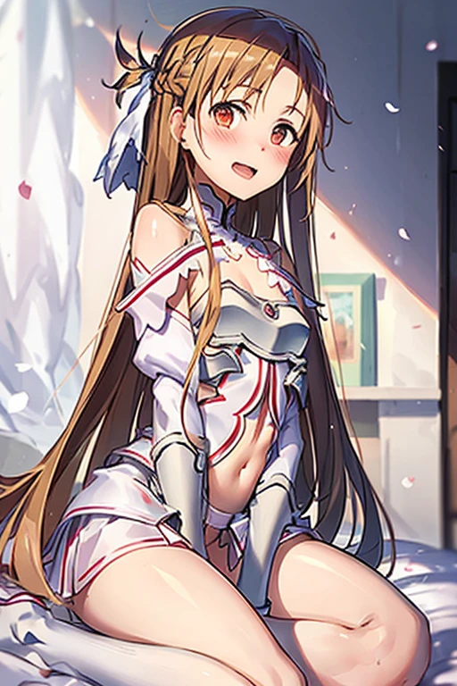 ((Best Quality)), ((masterpiece)), (be familiar with), Perfect Face, indoor, bedroom, Watching the audience,
One woman, Yuuki Asuna,
Open Mouth, Ecstatic expression, blush, smile,
Small breasts, Flat Chest, , , child, Girl,
Long Hair, Long Hair,
Leg spread,