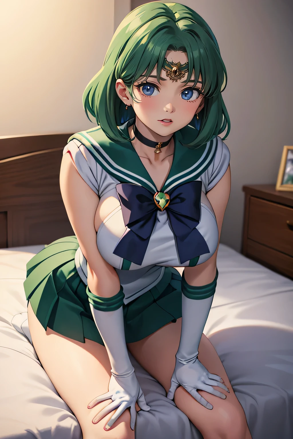 (La highest quality,High resolution,Super detailed,Actual),Ariana Grande,One girl, Sailor Neptune, (Sailor Warrior Uniforms:1.4), Dark green hair, Medium Hair, supplicant skirt, Earrings, (White elbow gloves:1.4), gem, Mid-chest, Dynamic Background, Dynamic posture, High heels,More detailed 8K.Unreal Engine:1.4,超High resolution,La highest quality:1.4, Realistic:1.4, Skin Texture:1.4, masterpiece:1.8,masterpiece, highest quality,Object Object], (Detailed facial features:1.3),(Fine hand),,(White over-the-knee boots: 1.4), choker, (White gloves:1.4), choker verde, Elbow Gloves, gem, Earrings, Green Skirt, Green Hair,(Sailor Neptune:1.4),(Half Body:1.4) ,(Hand Detail:1.4 ), ,( Cyberpunk 2.1),( Beautiful green eyes ), (lying on bed:1.5), ((spread legs:1.5)), ((Showing panties:1.7)), From the knee up