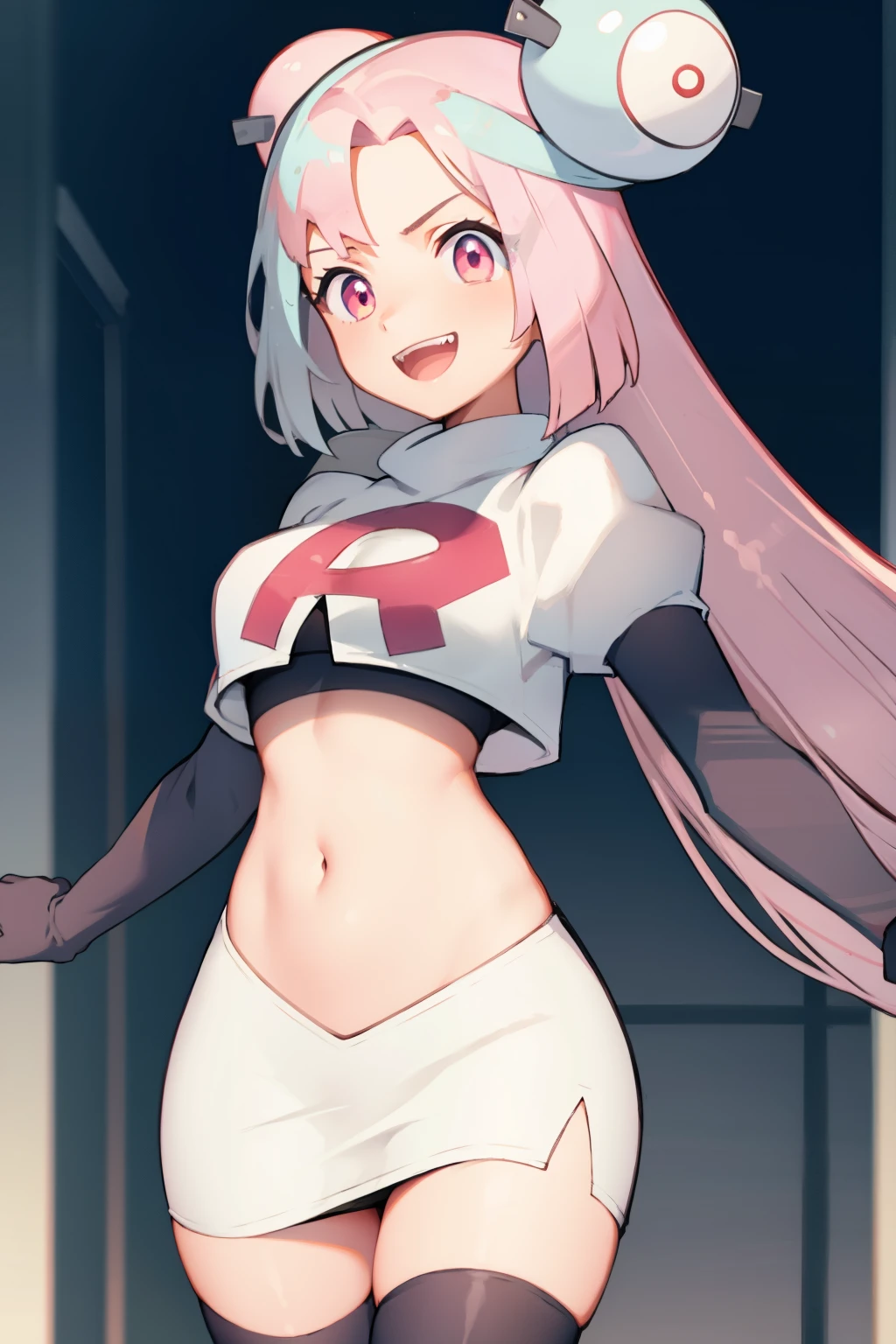 iono,1 girl,pink eyes,solo,smile,open mouth,fangs ,team rocket,team rocket uniform,white skirt,red letter R,crop top,black thigh-highs,black elbow gloves, cowboy shot